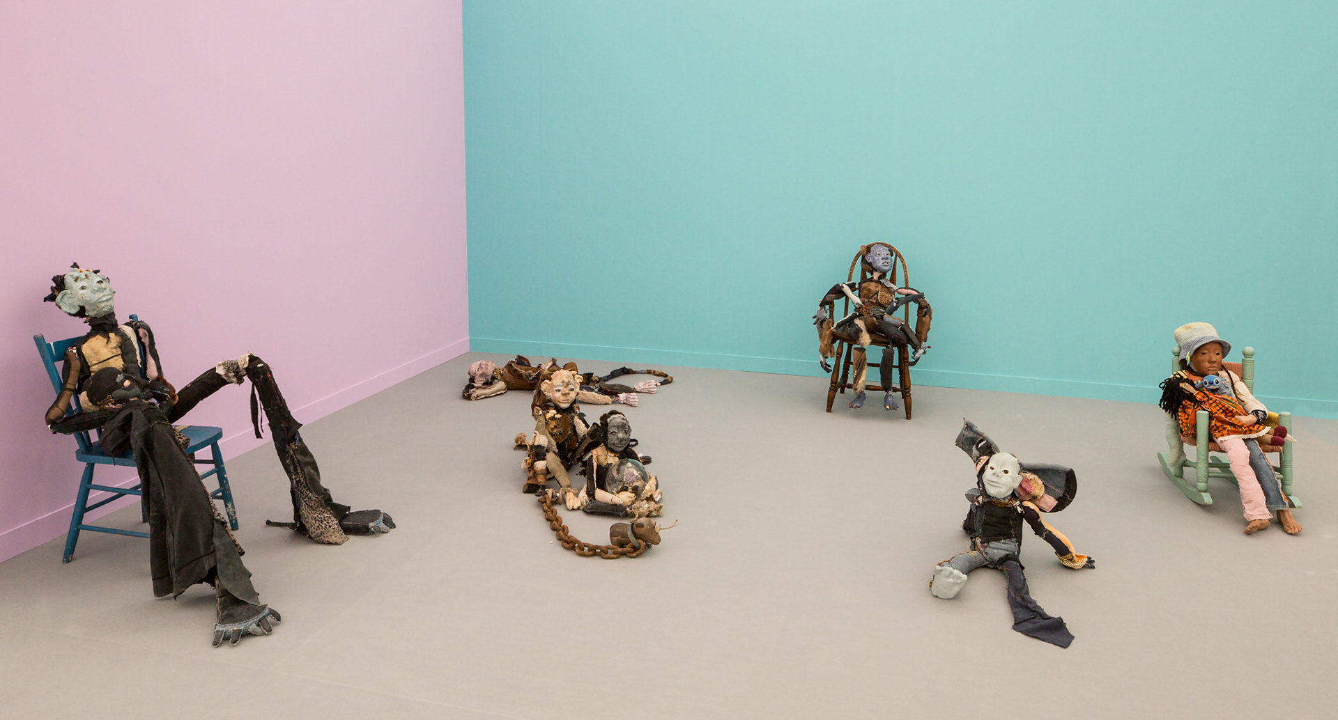 Installation view. (left to right) Dainty the mermaid, 2018, Earnest Lewis King, 2017-2018, Boom bang (shiny girl), 2018 and Baby bumblebee (for the betterment of us all please remember your smallness), 2018, Unity (Negros Historical Information Systems in Every Dark Corner), 2018, 'friendliness and the whisperers', 2018, and Untitled (play dumb to catch wise), 2017