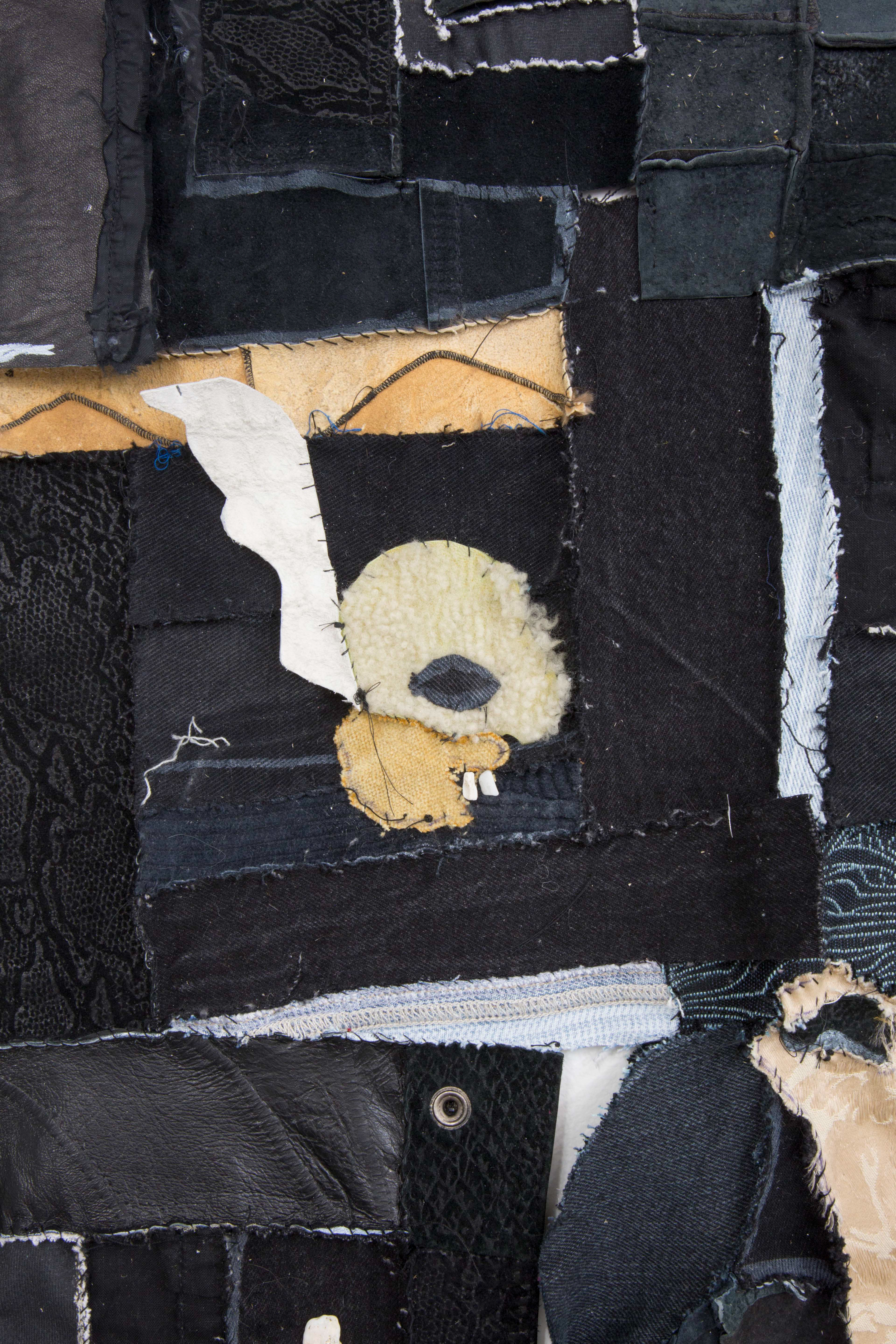Cheering sounds from the dark outer space, 2019. Seashells, stones, oil paint, recycled fabrics, fur, and leather. 89 x 38 in (226.1 x 96.5 cm).