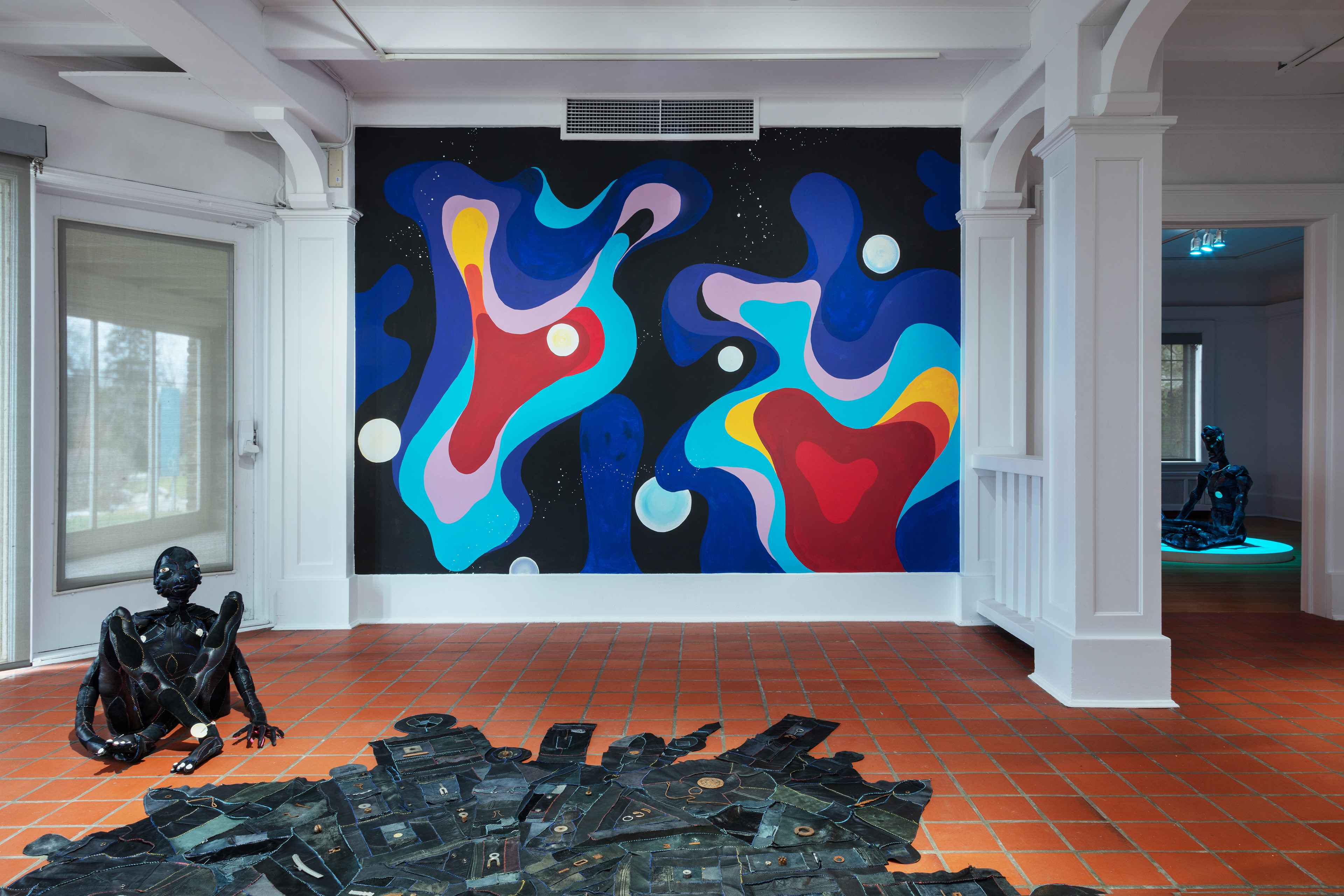 Installation view. Harmony (2), 2019 (left) and I heard a heartbeat down in the black hole, 2019 (foreground)