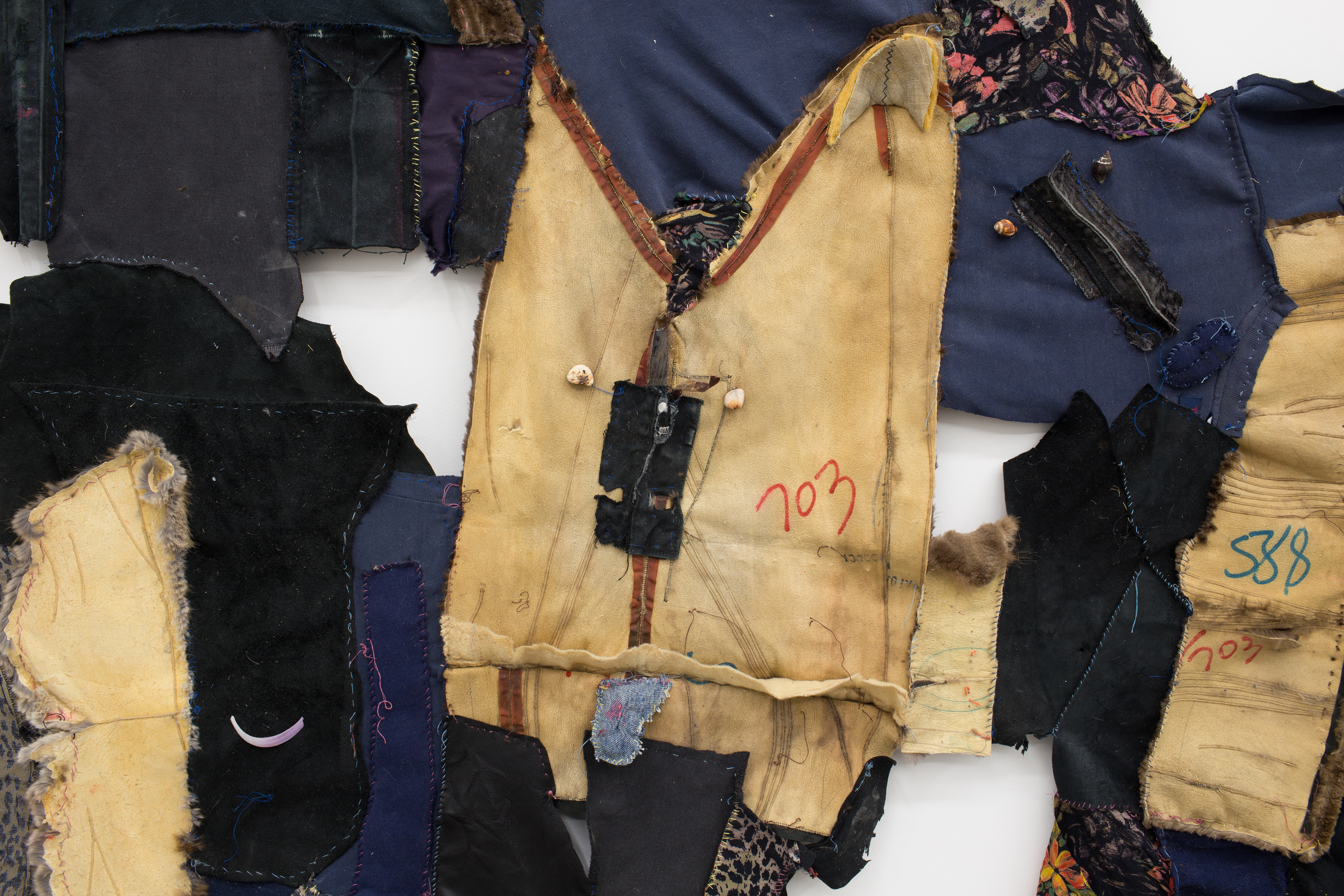 Making it work to be together while we can, 2018. Found furs, leathers and fabrics (hand sewn), seashells, sea stones. 96 x 84 x 4 in (243.8 x 213.4 x 10.2 cm).