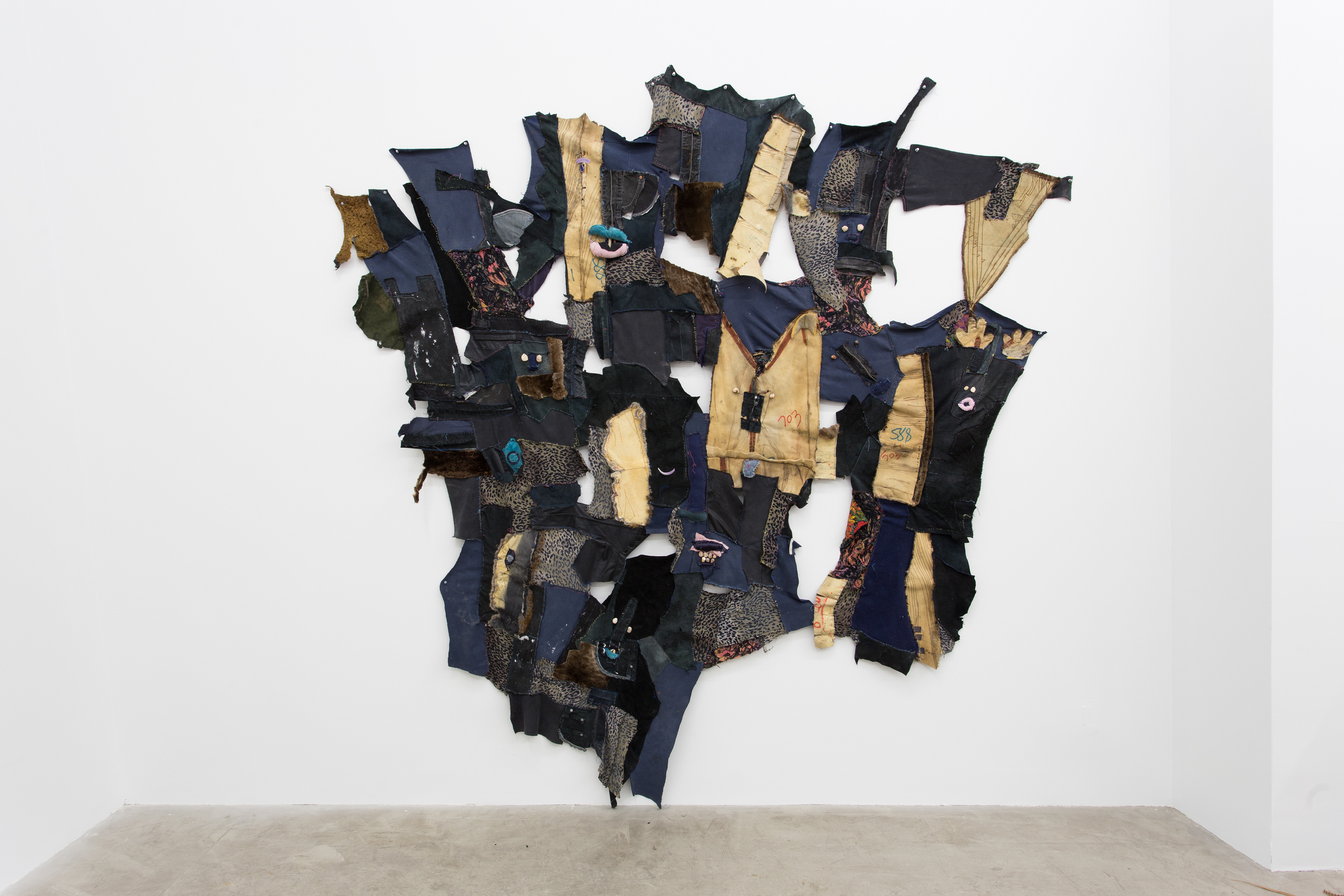 Making it work to be together while we can, 2018. Found furs, leathers and fabrics (hand sewn), seashells, sea stones. 96 x 84 x 4 in (243.8 x 213.4 x 10.2 cm).