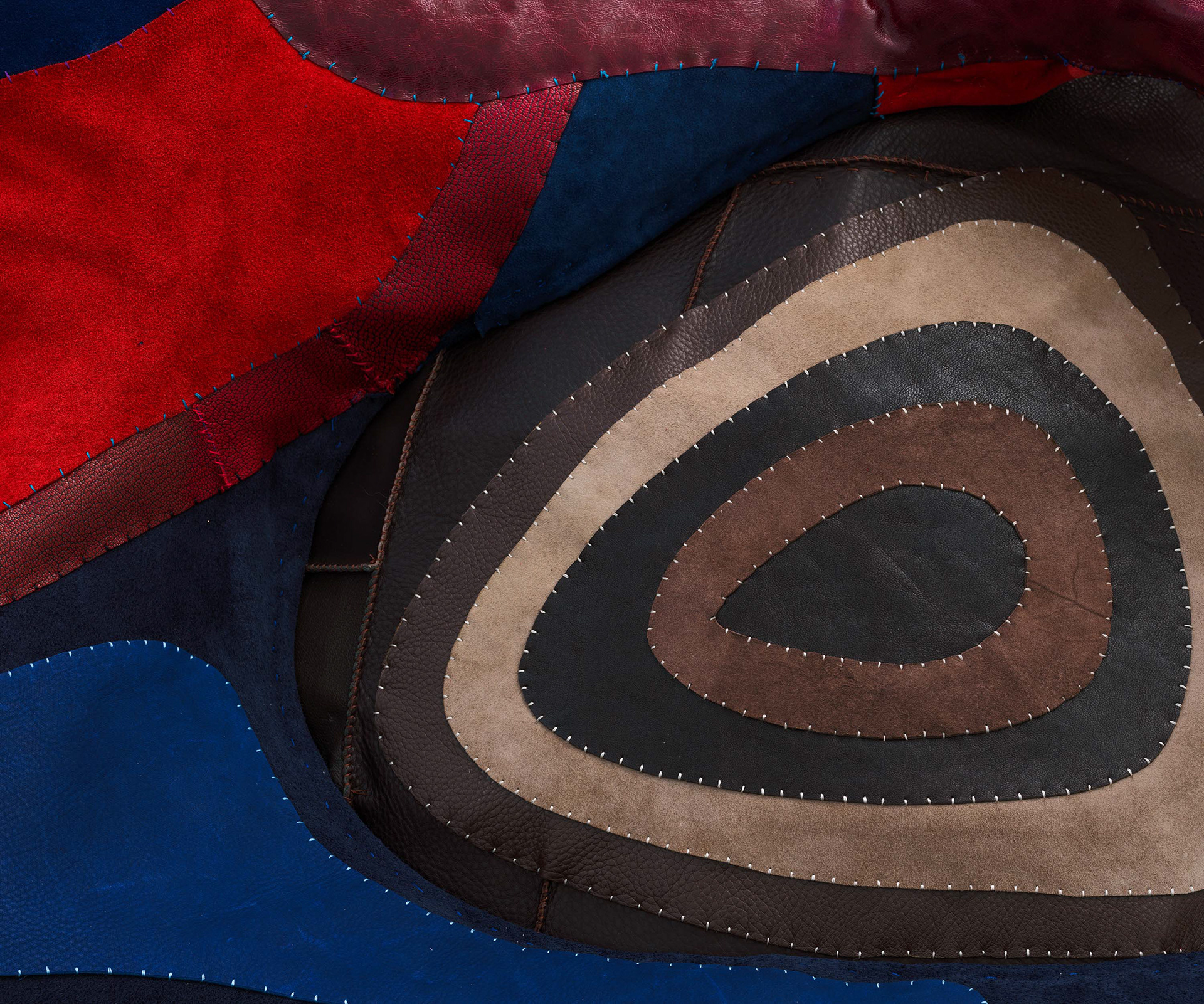 (detail) Homonoia, 2022, Steel, enamel paint, acrylic paint and finisher, repurposed leather and suede, organic cotton twill, and coated nylon thread, 88 1/2 x 68 x 26 1/4 inches