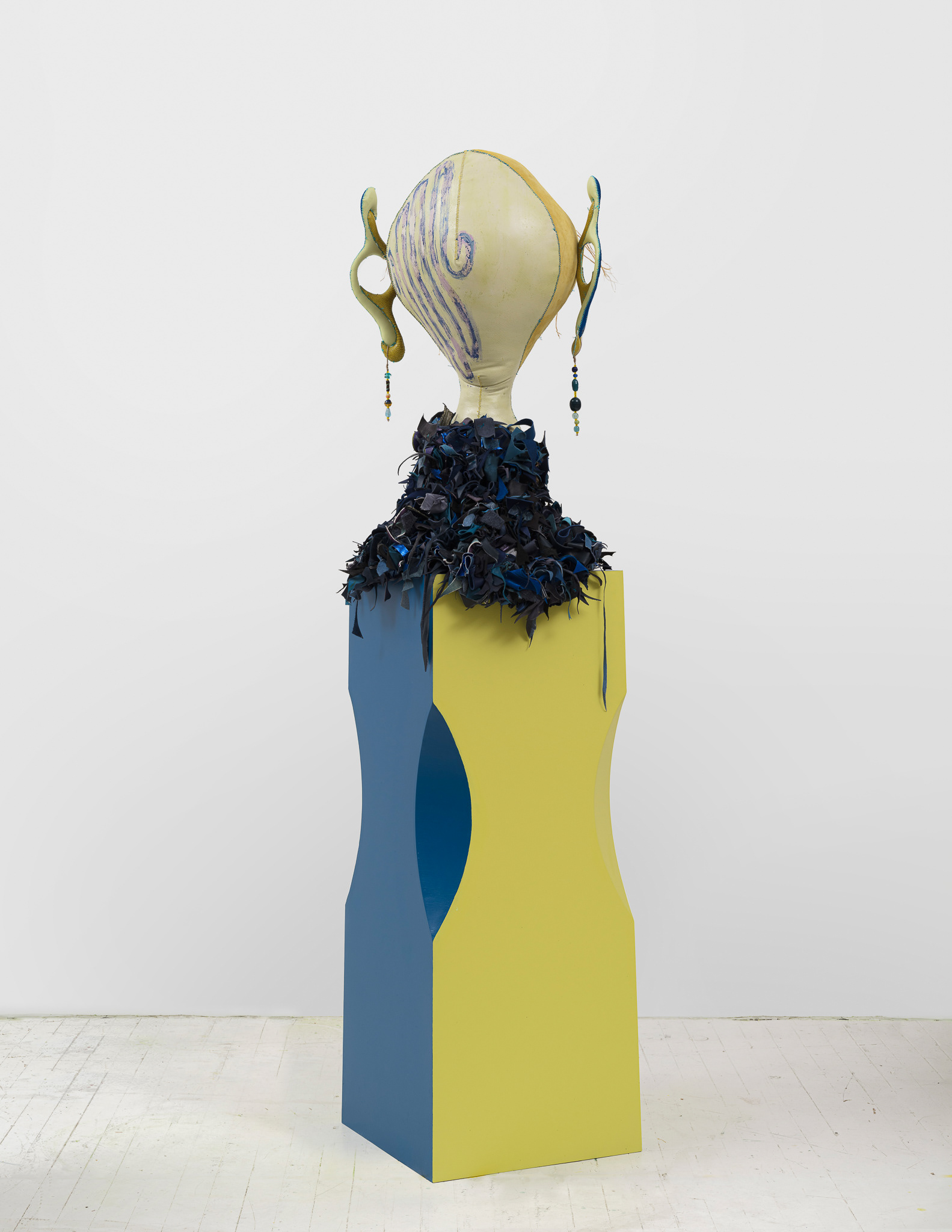 The Siren of Amazonis Planitia, 2023, Steel, wood, enamel paint, acrylic paint, leather dye and finisher, repurposed leather and suede, stones, ox bone beads and assorted found beads, twine, and coated nylon thread, 65 1/2H x 16 x 16 inches