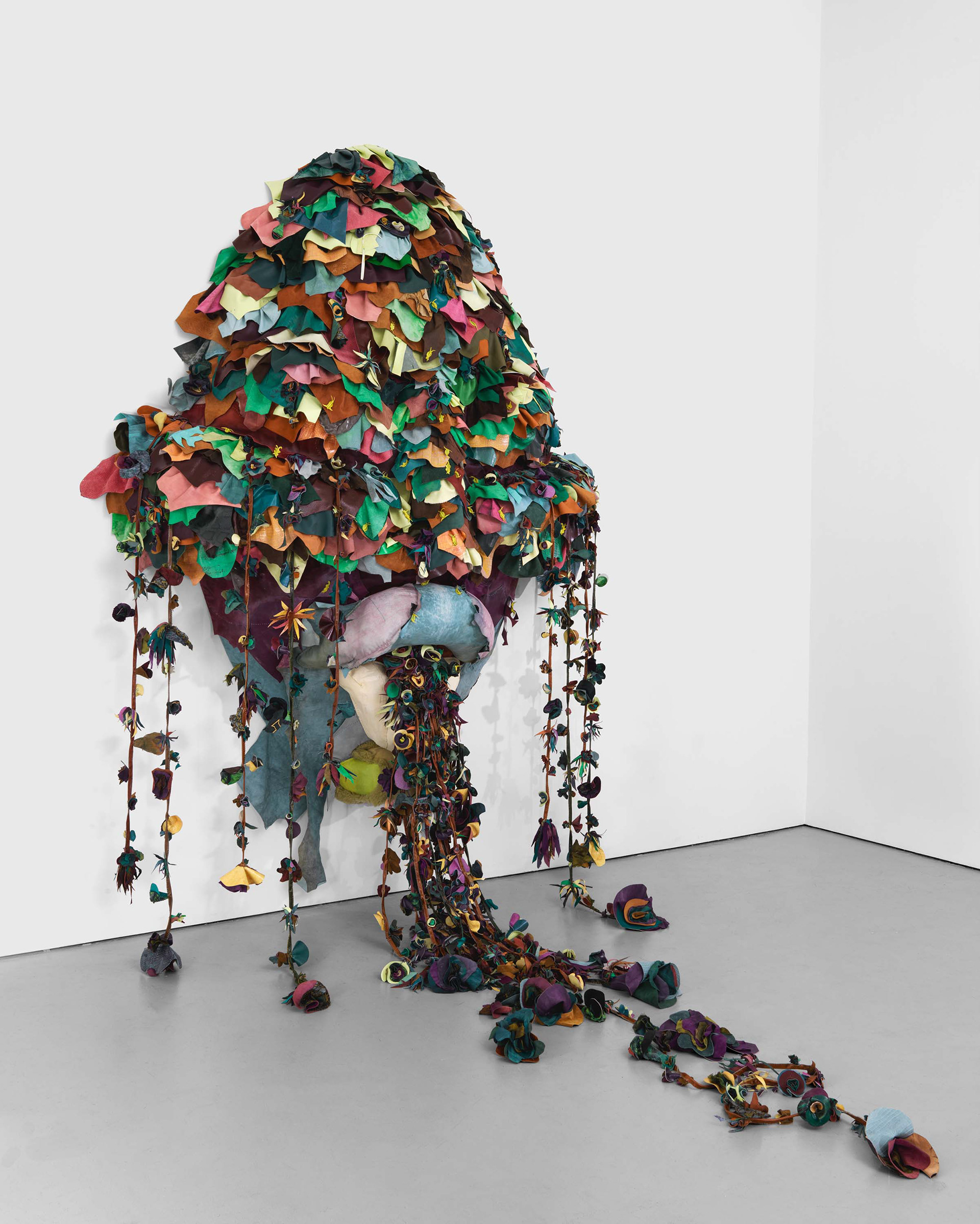 Saint Mozelle in the Aphid Orgy, 2023, Steel, enamel paint, acrylic paint and finisher, repurposed leather and suede, organic cotton twill, and coated nylon thread, 127 x 91 1/2 x 109 1/8 inches