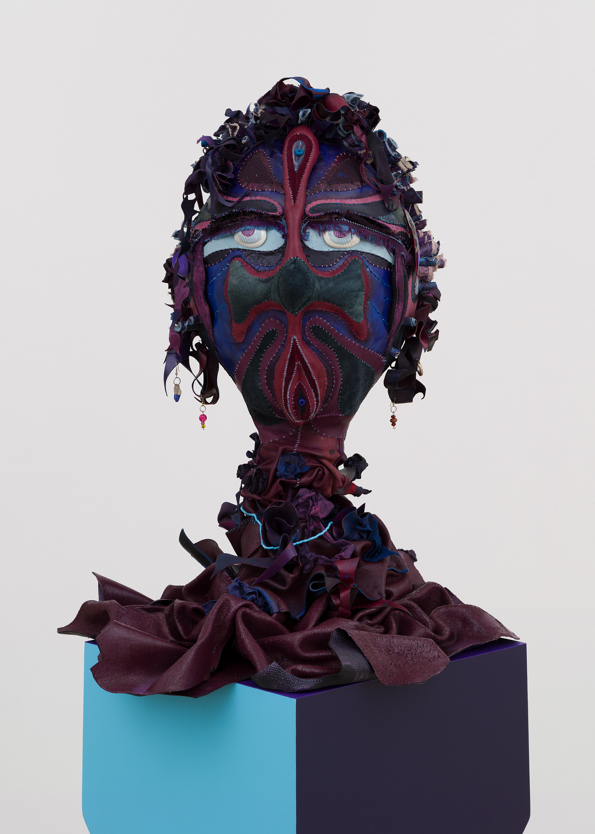 (detail) Venus in Leo, 2023, Steel, wood, enamel paint, acrylic paint, leather dye and finisher, repurposed leather and sueder, repurposed fabric, found jewelry, clam shells and coated nylon thread, 68H x 18 x 18 inches
