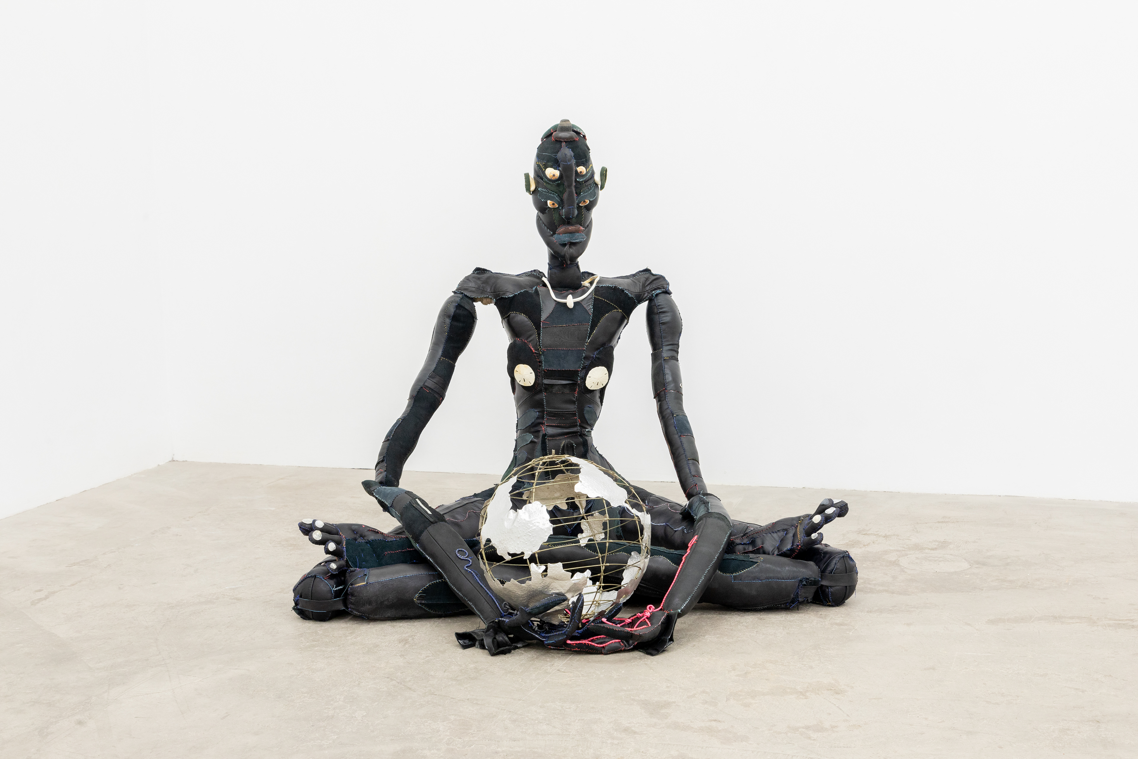 Harmony, 2019. Recycled leather, recycled poly-fibers, rebar, wire, hardware, seashells, stones, acrylic paint. 39.75 x 47 x 35 in (101 x 119.4 x 88.9 cm).