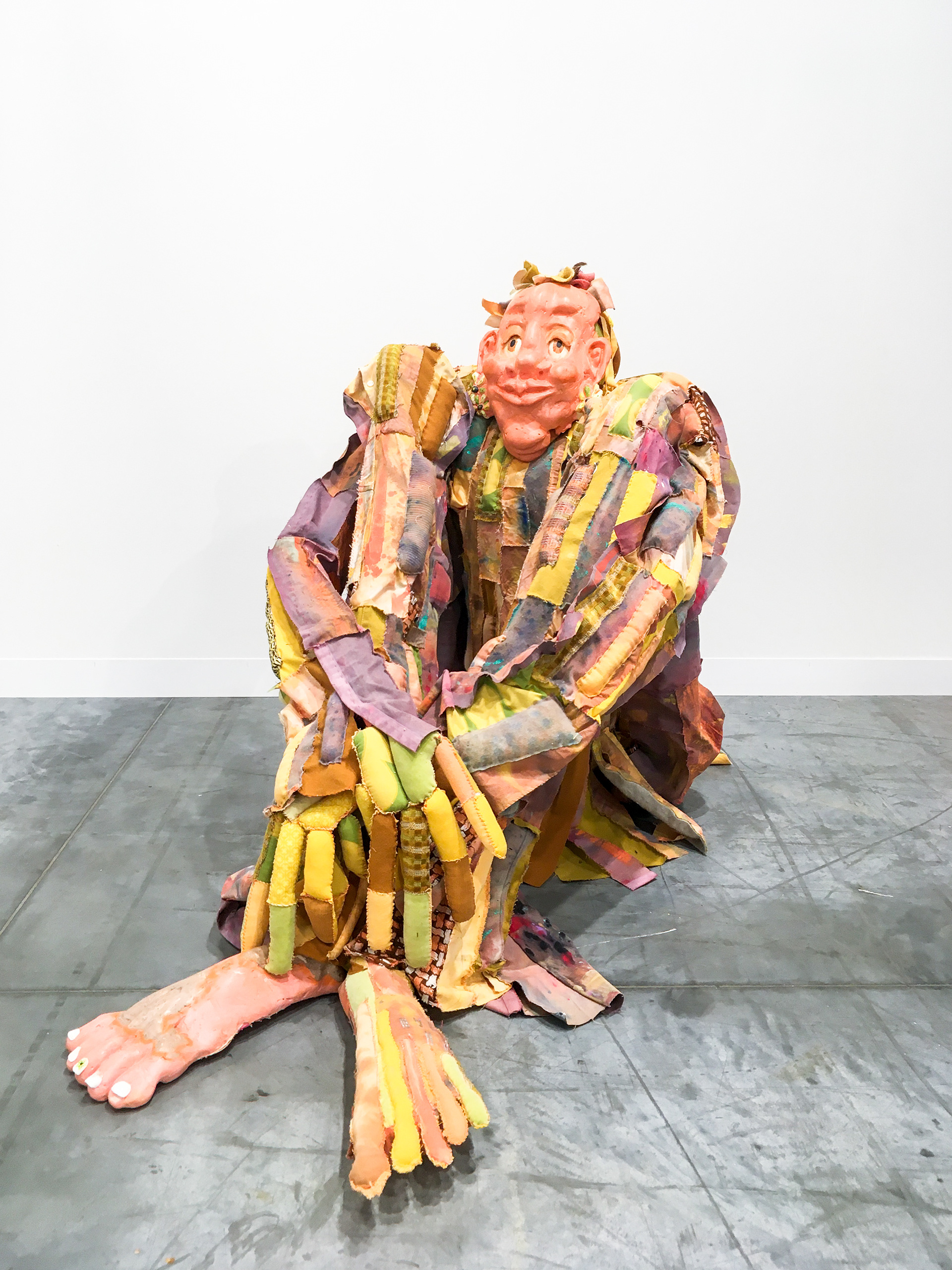 Thumper (Heartbeat of the Sun), 2019. Recycled fabrics, acrylic paint, plaster, pipe, wire, hardware, seashells, recycled poly fibres. 38 x 33 x 53 in (96.5 x 83.8 x 134.6 cm).