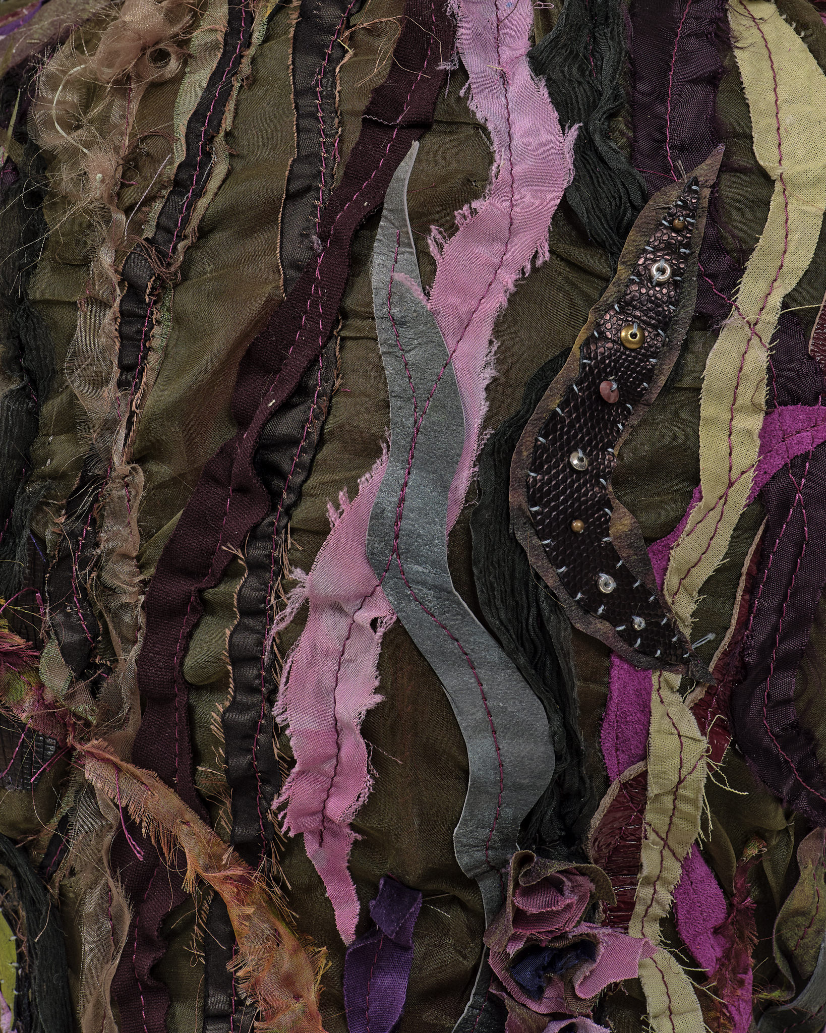 (detail) Genesis, 2024, Steel, enamel paint, acrylic paint and finisher, leather dye, repurposed leather and fabric, assorted beads, found stones, and coated nylon thread, 65H x 74 3/4 x 71 1/2 inches
