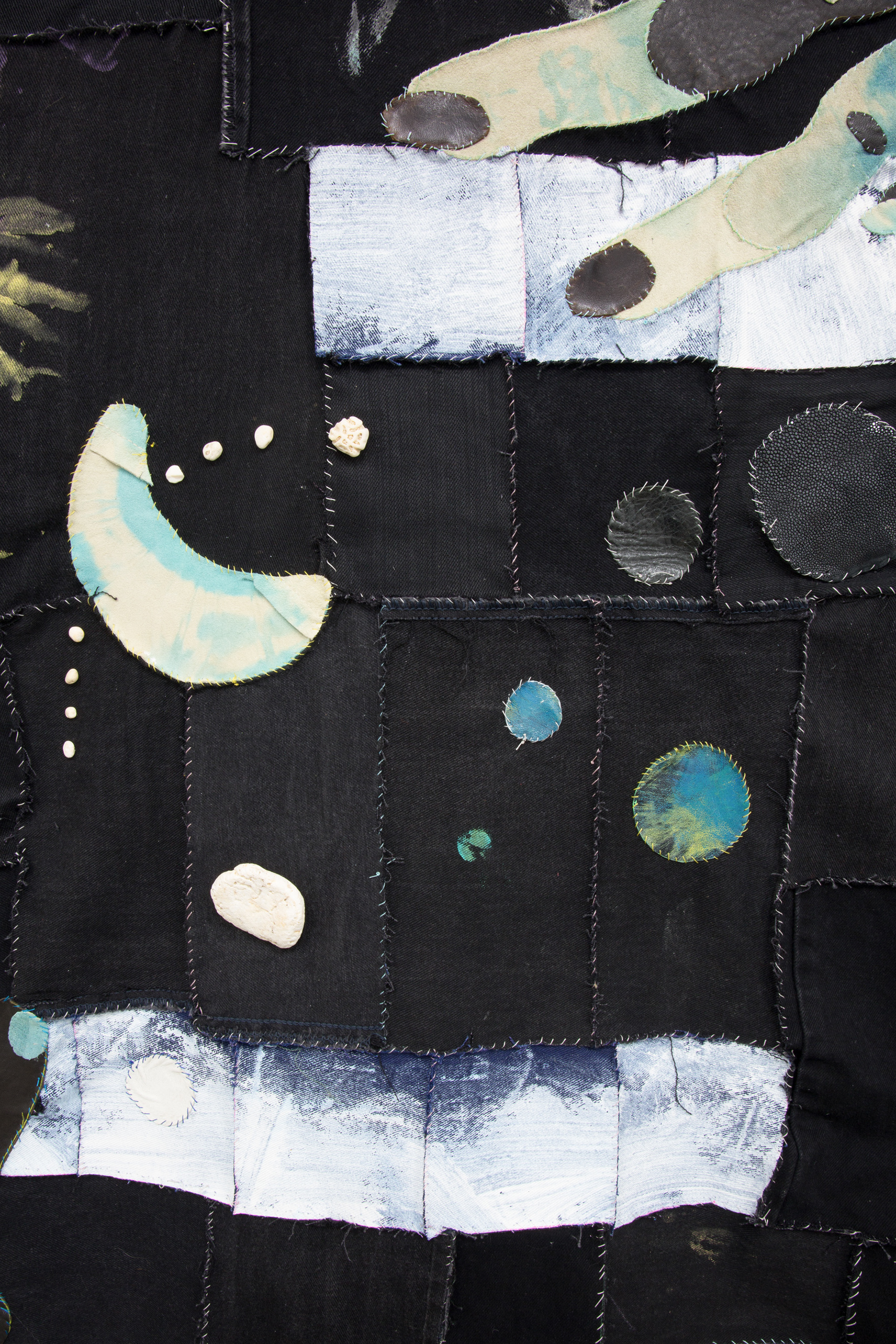 Passing the green specimoon, 2020. Recycled fabric, recycled leather, acrylic paint, stones, seashells. 57 x 89 in (144.8 x 226.1 cm).