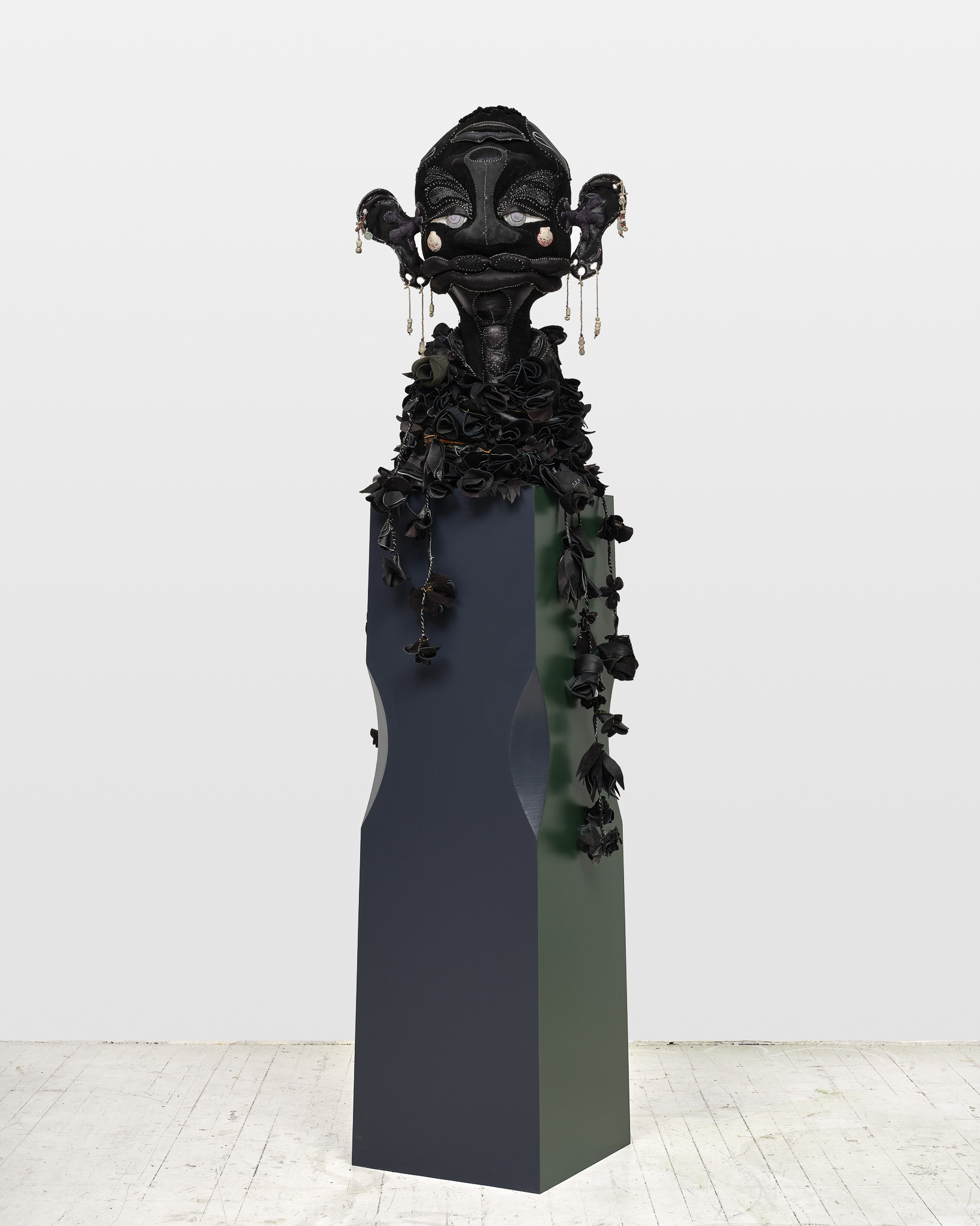Lilith, 2024, Steel, wood, enamel paint, acrylic paint, , repurposed leather and suede, repurposed shearling, beads, stones, and coated nylon thread, 72 1/2H x 17 x 15 inches