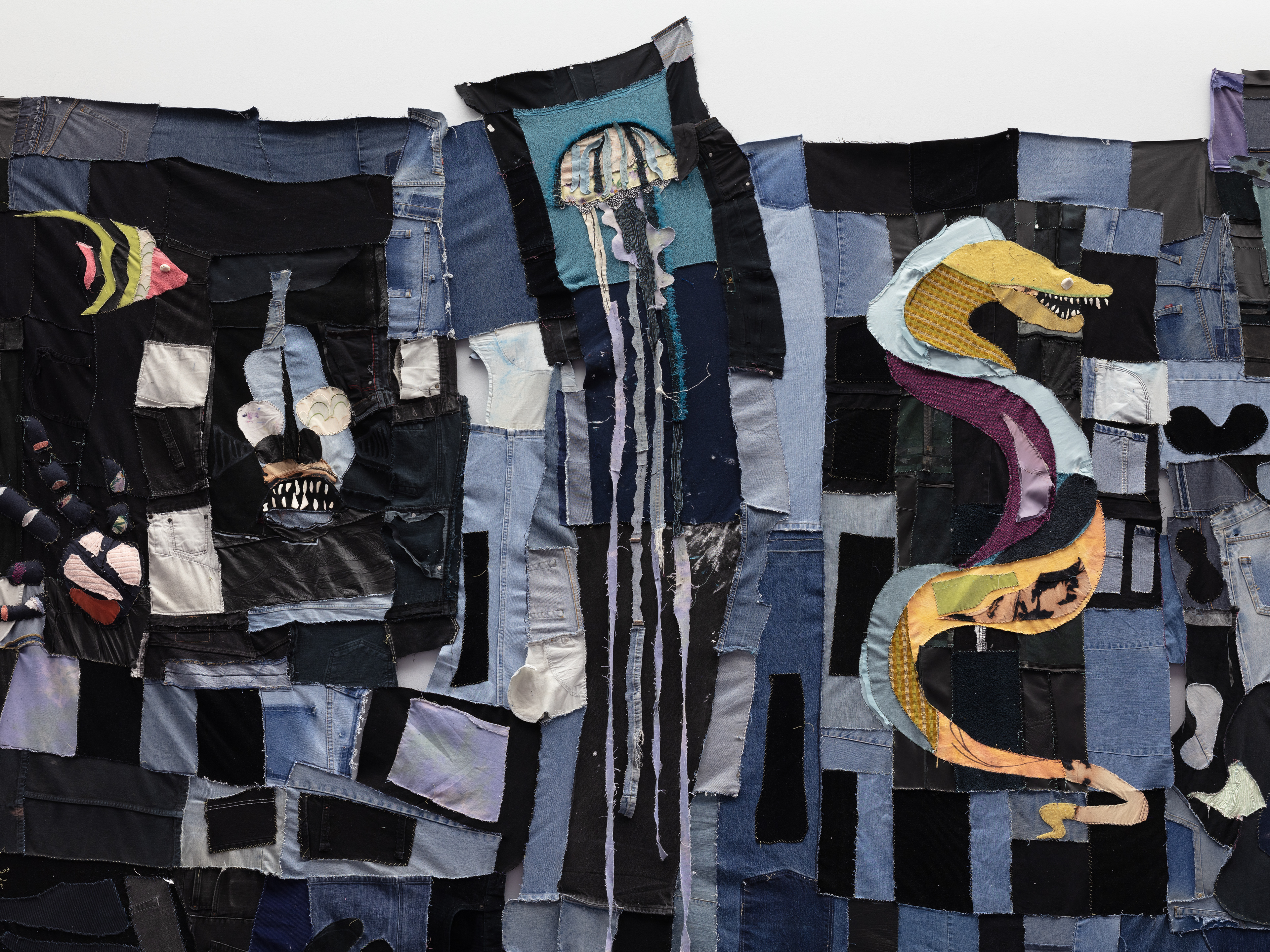 the coral reef preservation society 2019. Denim, fabric, plaster, seashells. 180 x 230 in (457.2 x 584.2 cm).