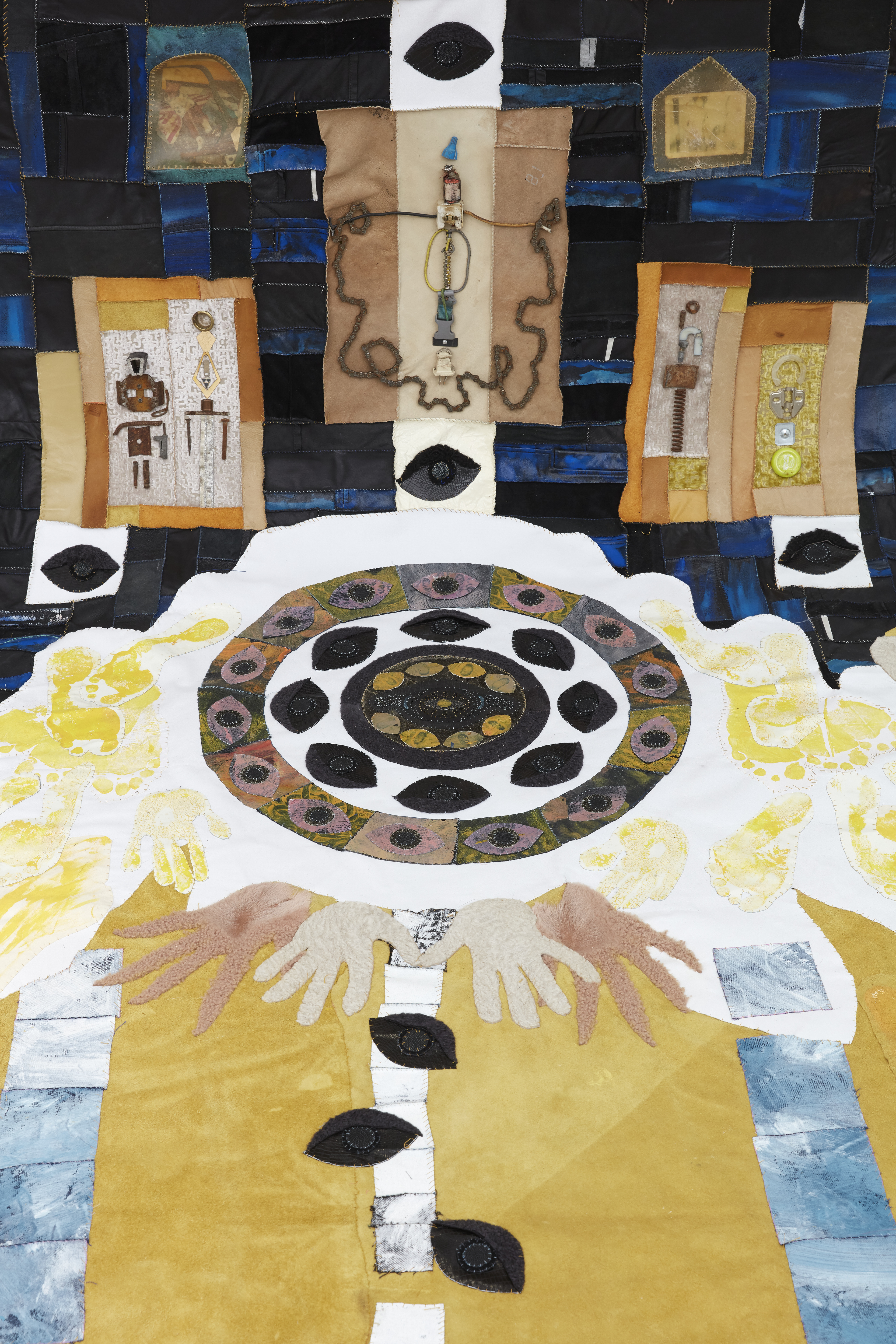 Ascension of the Holy Vessel (Be Not Afraid), 2020. Recycled leathers and fabrics, acrylic paint, rawhide, found photographs, found objects, bone, seashells, stones. 16 x 108 in (548.6 x 274.3 cm).