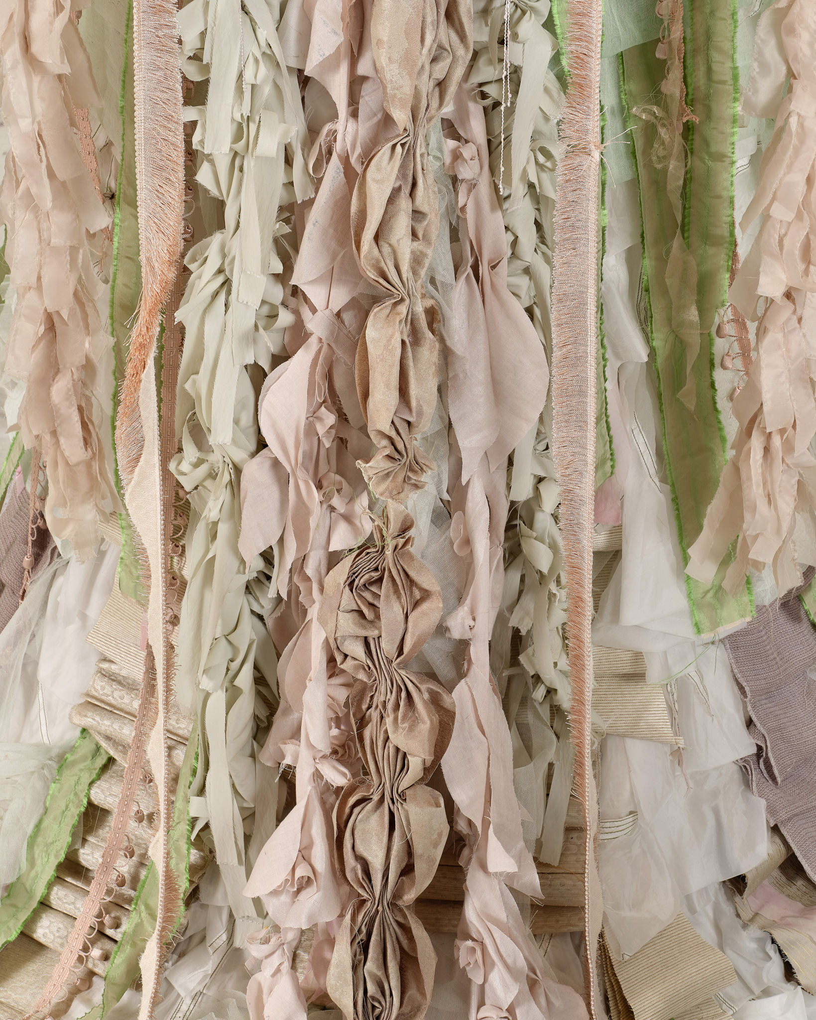 (detail) The Miracle, 2024, Steel; enamel paint; foam; acrylic paint and finisher; repurposed leather, suede, goatskin, and assorted fabric; leather, fabric, and natural dyes; assorted beads; gold and silk thread; coated nylon thread; and coated cotton thread, 135H x 100 x 100 inches
