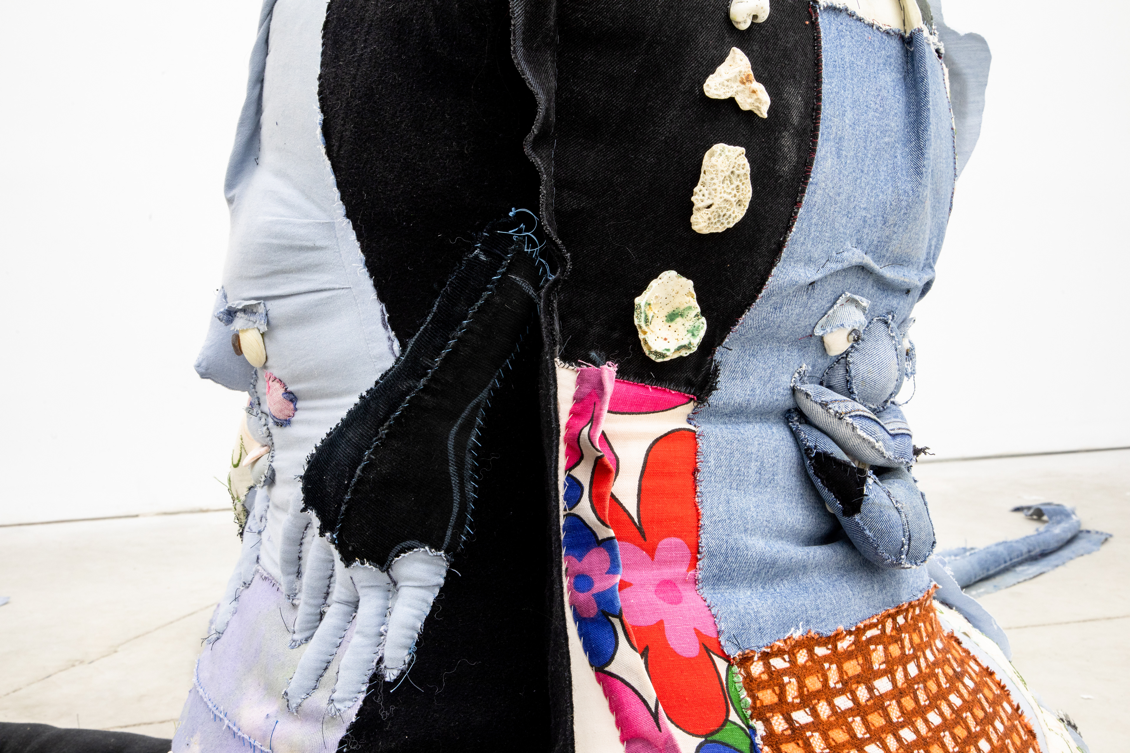 miracle of the deep sea, 2019. Denim, fabric, plaster, seashells. 180 x 230 in (457.2 x 584.2 cm).