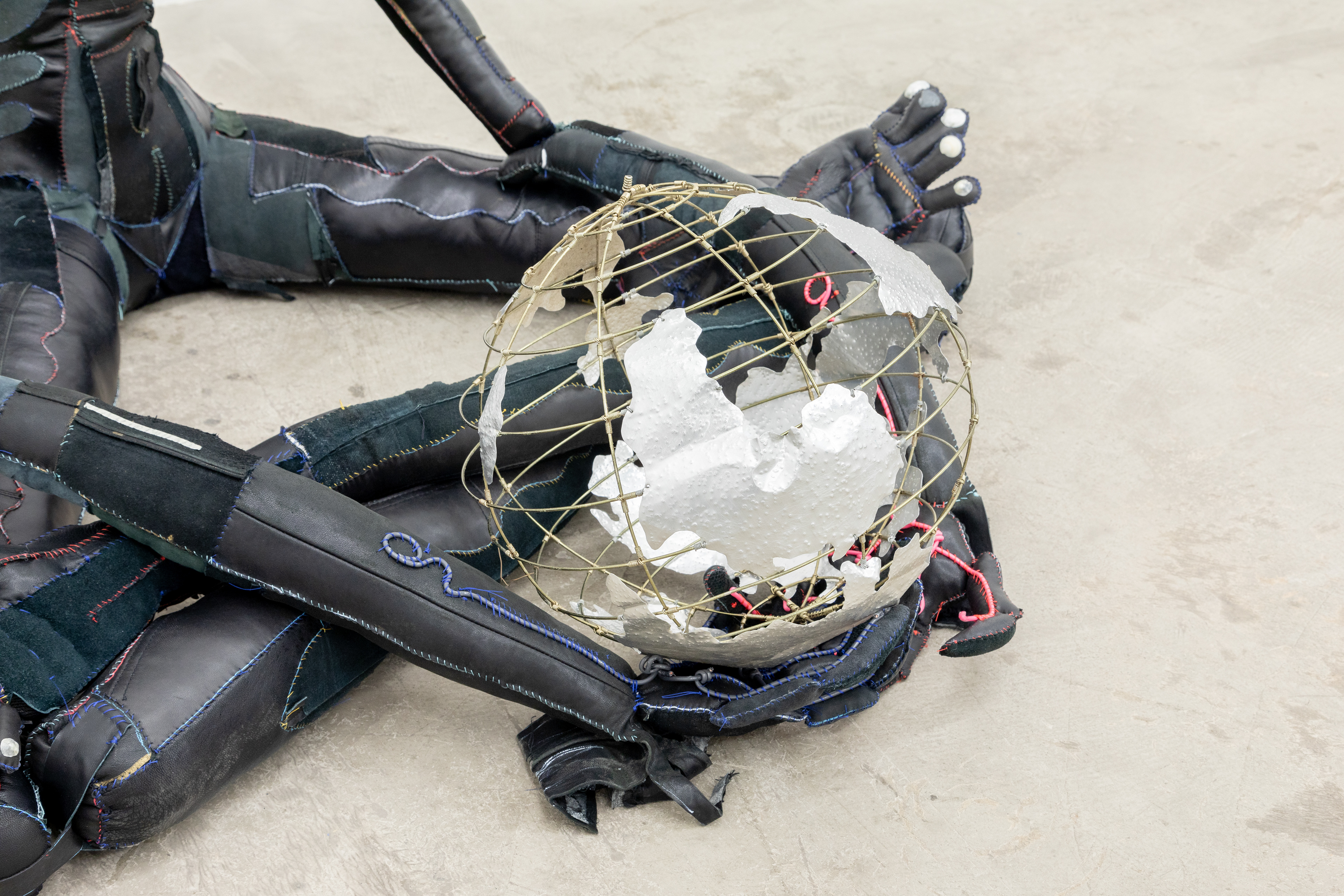 Harmony, 2019. Recycled leather, recycled poly-fibers, rebar, wire, hardware, seashells, stones, acrylic paint. 39.75 x 47 x 35 in (101 x 119.4 x 88.9 cm).