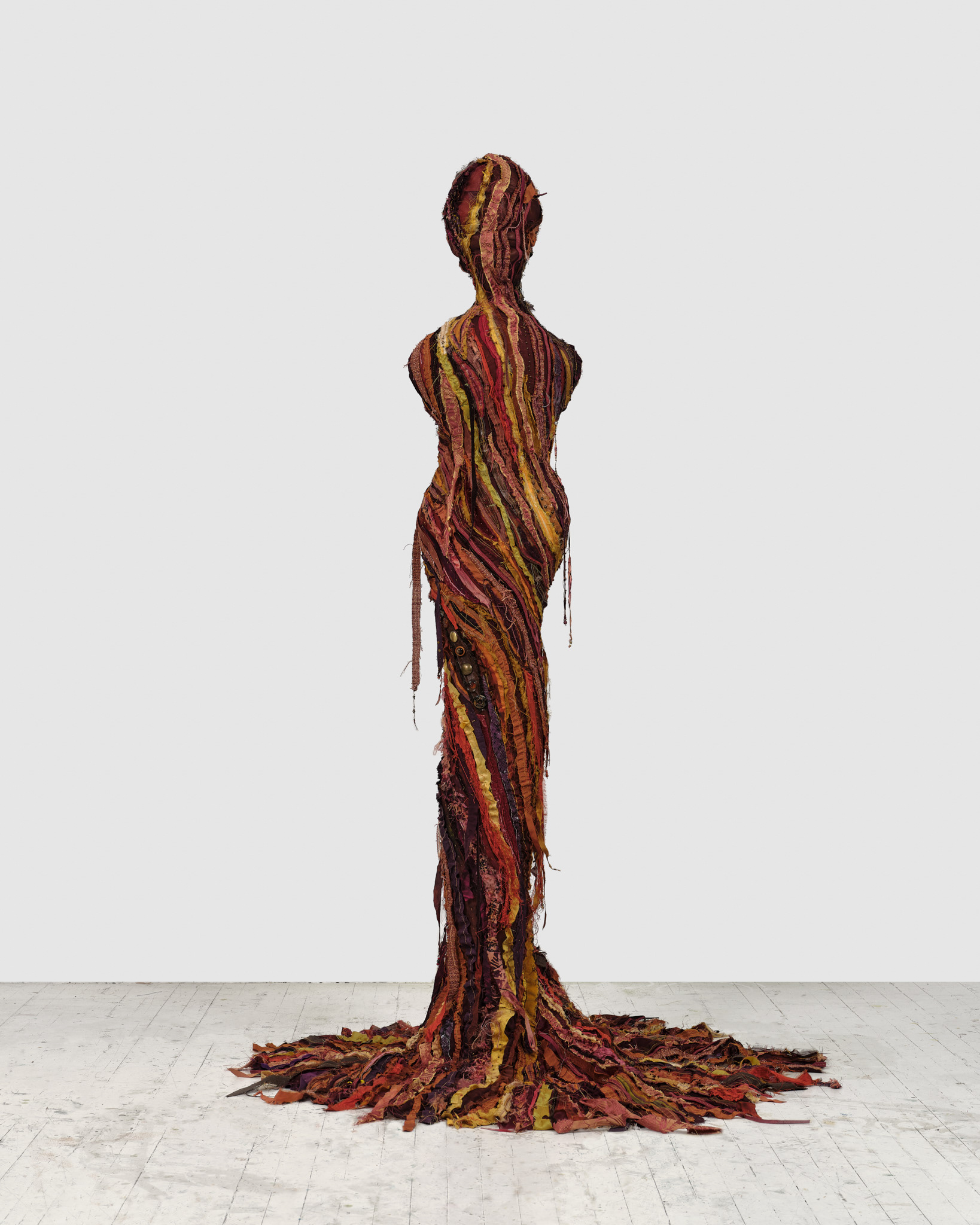 Blaze, 2024, Steel, enamel paint, acrylic paint and finisher, repurposed leather and fabric, assorted beads and found objects, seashells, and coated nylon thread, 73 1/2H x 49 x 50 1/2 inches