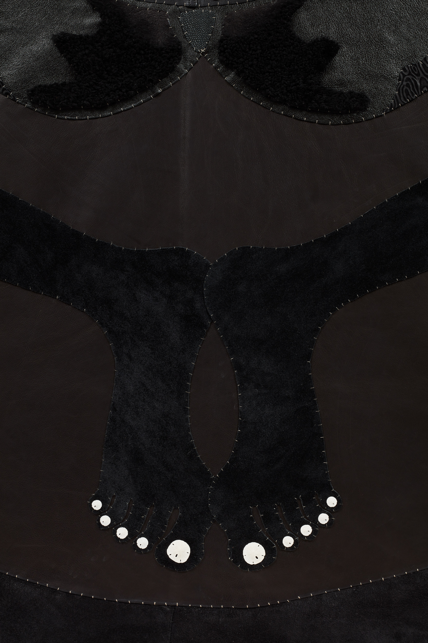 The talons of the eagle, the ladder of death, by God's grace, all will be well, 2021. New and recycled leathers, stingray shagreen, sand dollars. 86 x 86 in (218.4 x 218.4 cm).