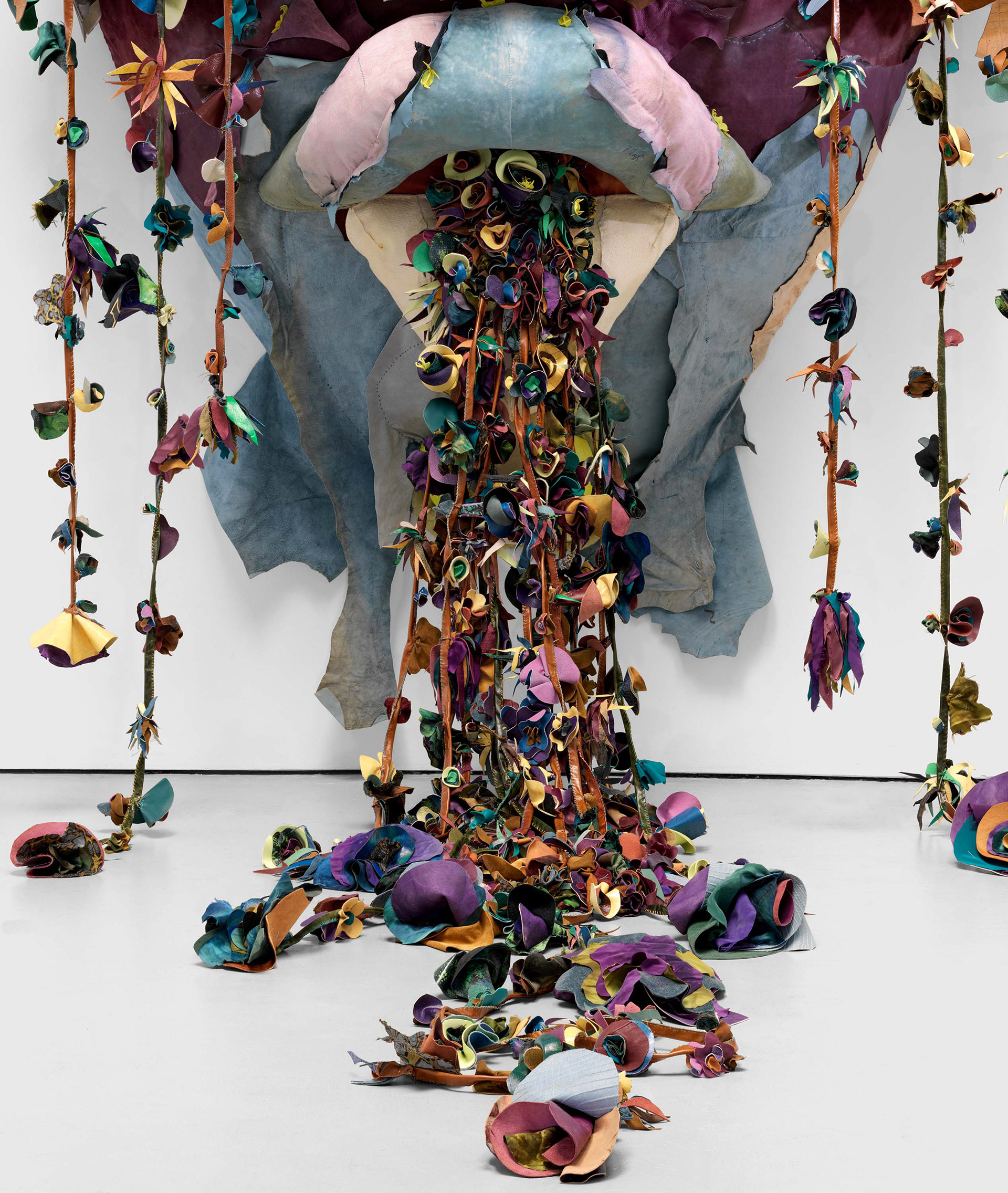 (detail) Saint Mozelle in the Aphid Orgy, 2023, Steel, enamel paint, acrylic paint and finisher, repurposed leather and suede, organic cotton twill, and coated nylon thread, 127 x 91 1/2 x 109 1/8 inches