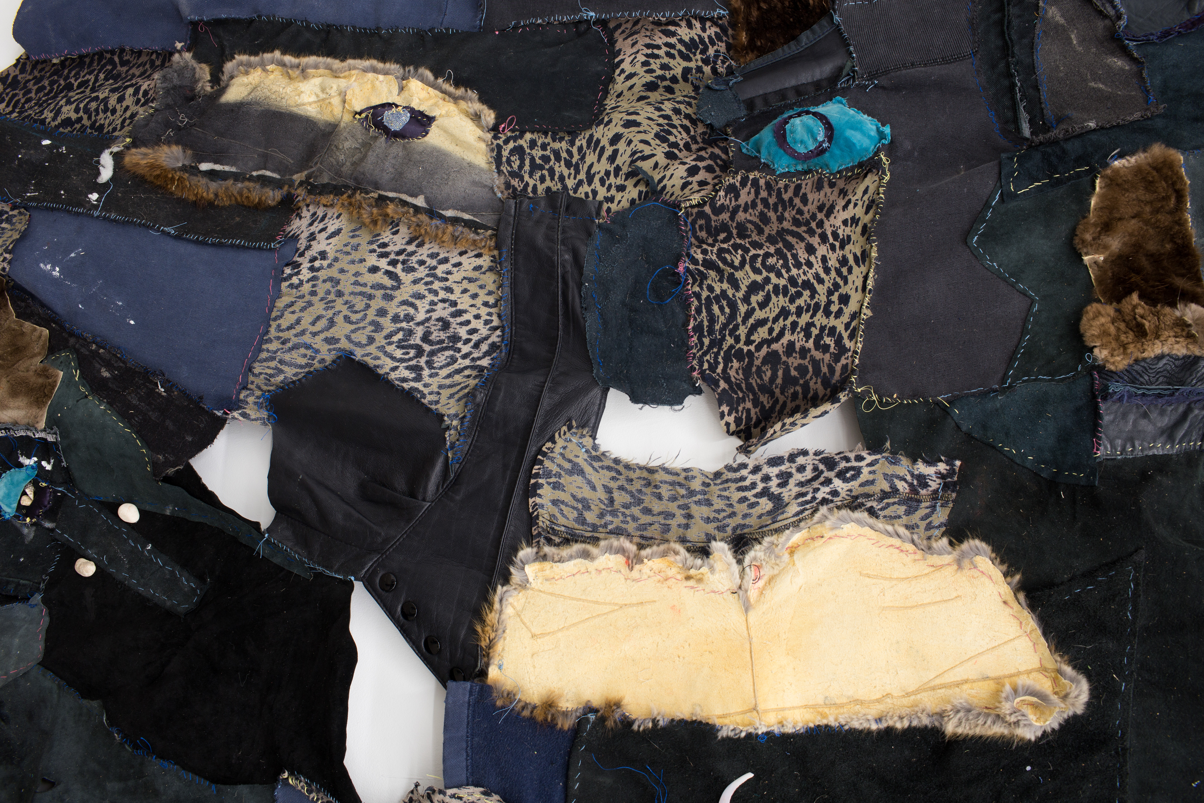 Making it work to be together while we can, 2018. Found furs, leathers and fabrics (hand sewn), seashells, sea stones. 96 x 84 x 4 in (243.8 x 213.4 x 10.2 cm).