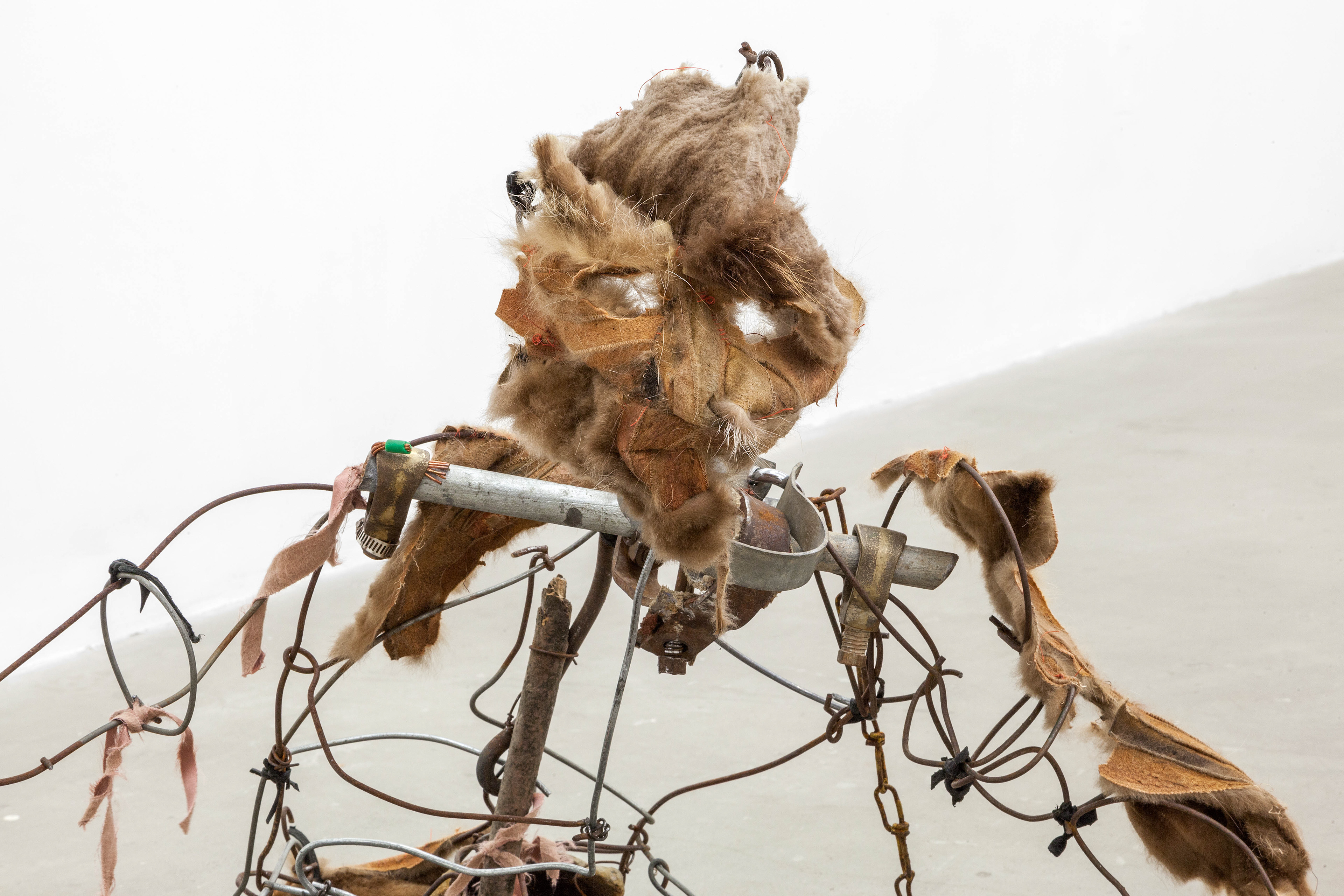 you lose shreds of your truth every time I remember you, 2017. Plaster, cloth wire, chain, acrylic paint, stones, secret objects, fur, leather, chair, pants, shoes. 46 x 73 x 47 in (116.8 x 185.4 x 119.4 cm).