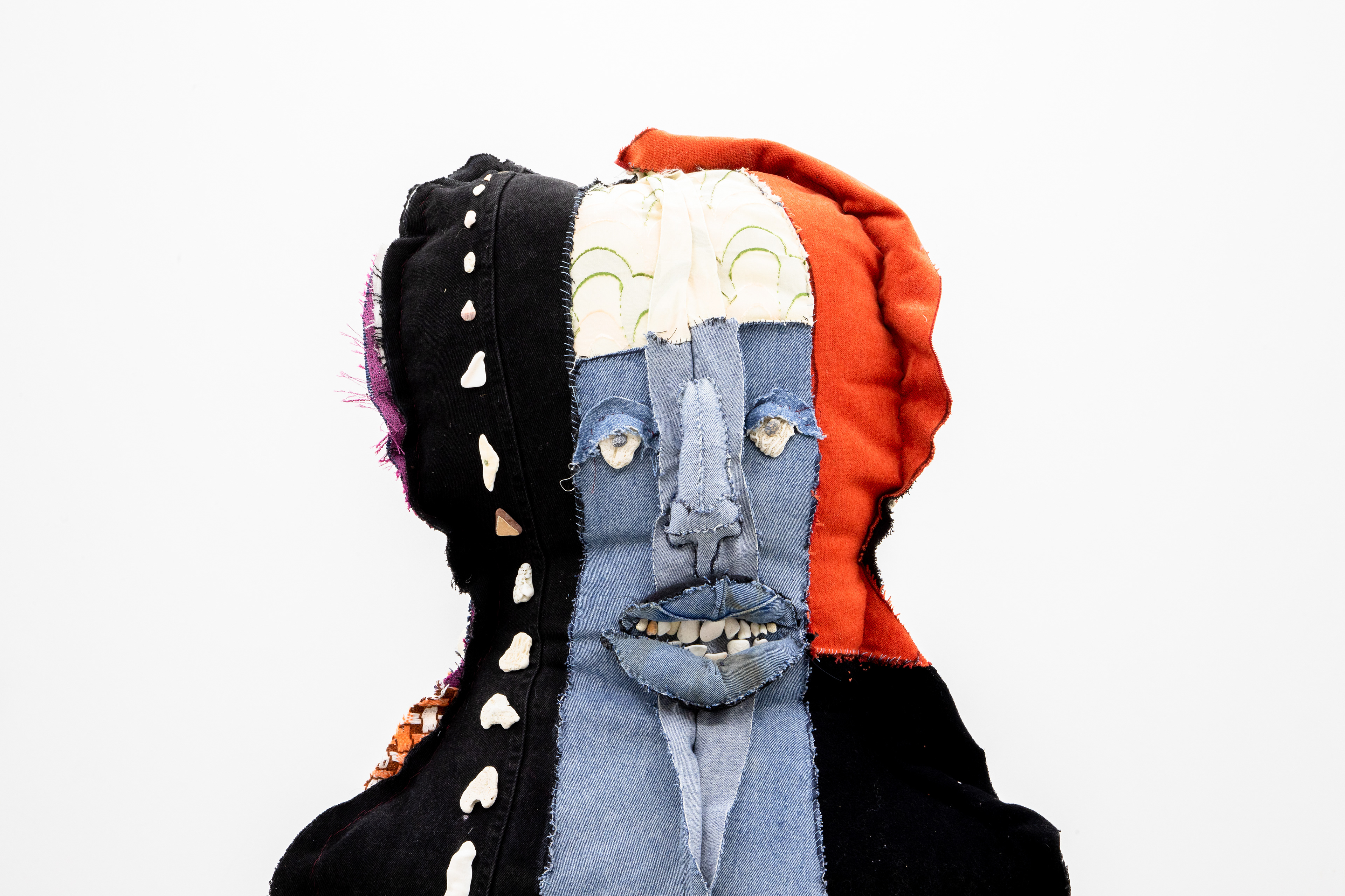miracle of the deep sea, 2019. Denim, fabric, plaster, seashells. 180 x 230 in (457.2 x 584.2 cm).