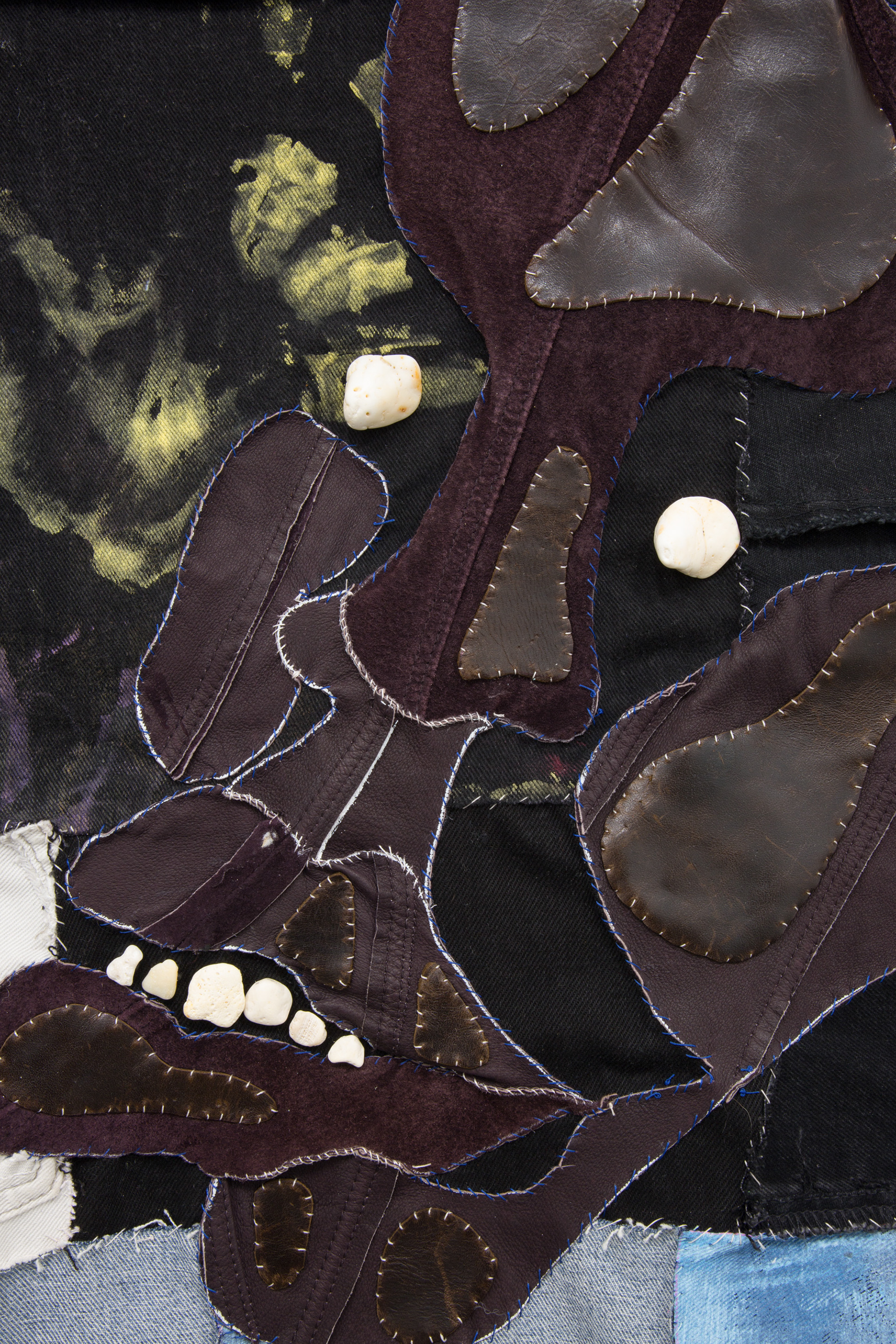 Passing the green specimoon, 2020. Recycled fabric, recycled leather, acrylic paint, stones, seashells. 57 x 89 in (144.8 x 226.1 cm).
