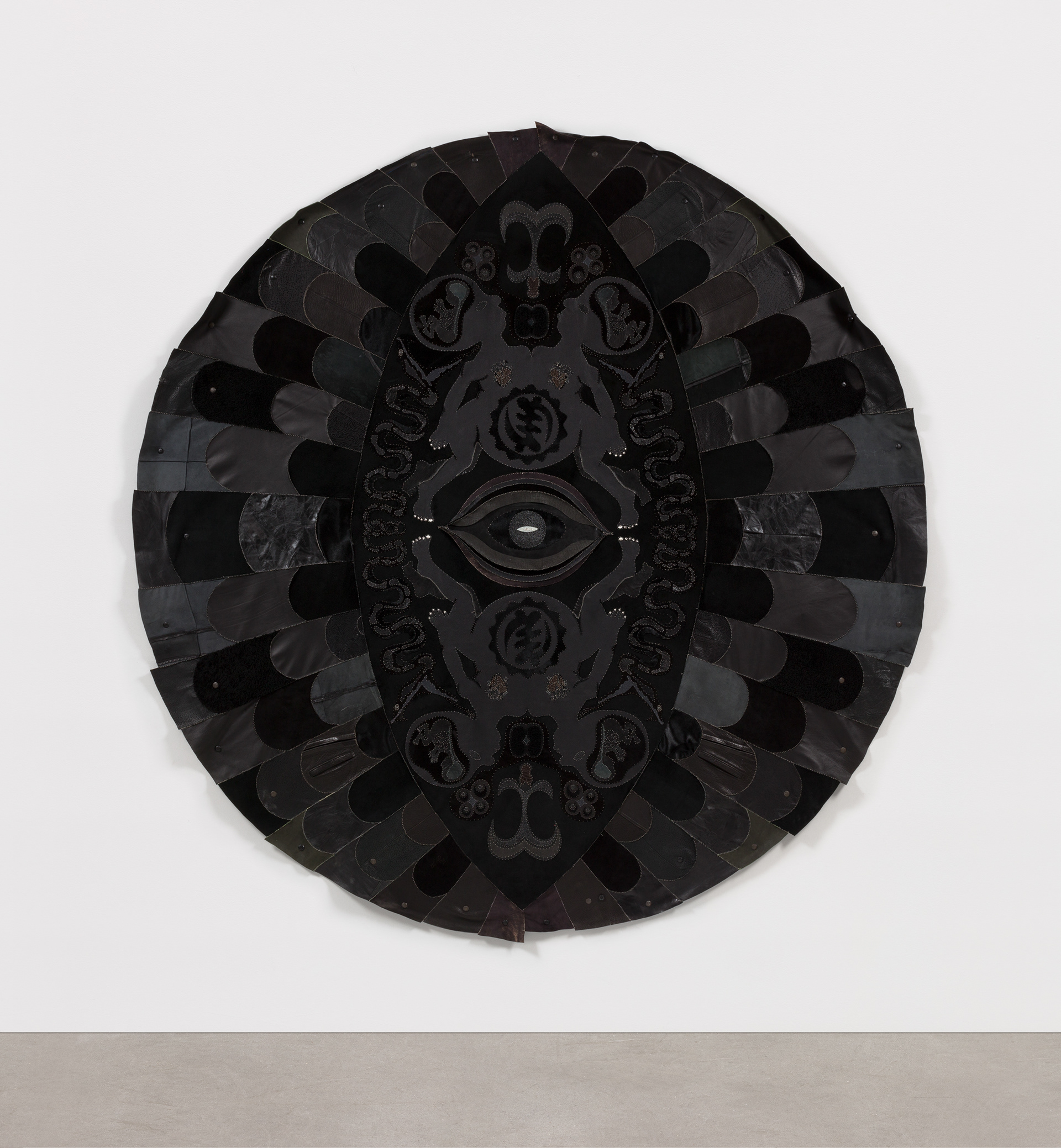 God is King, 2021. Recycled Leather, Suede. 114 x 114 in (290 x 290 cm).