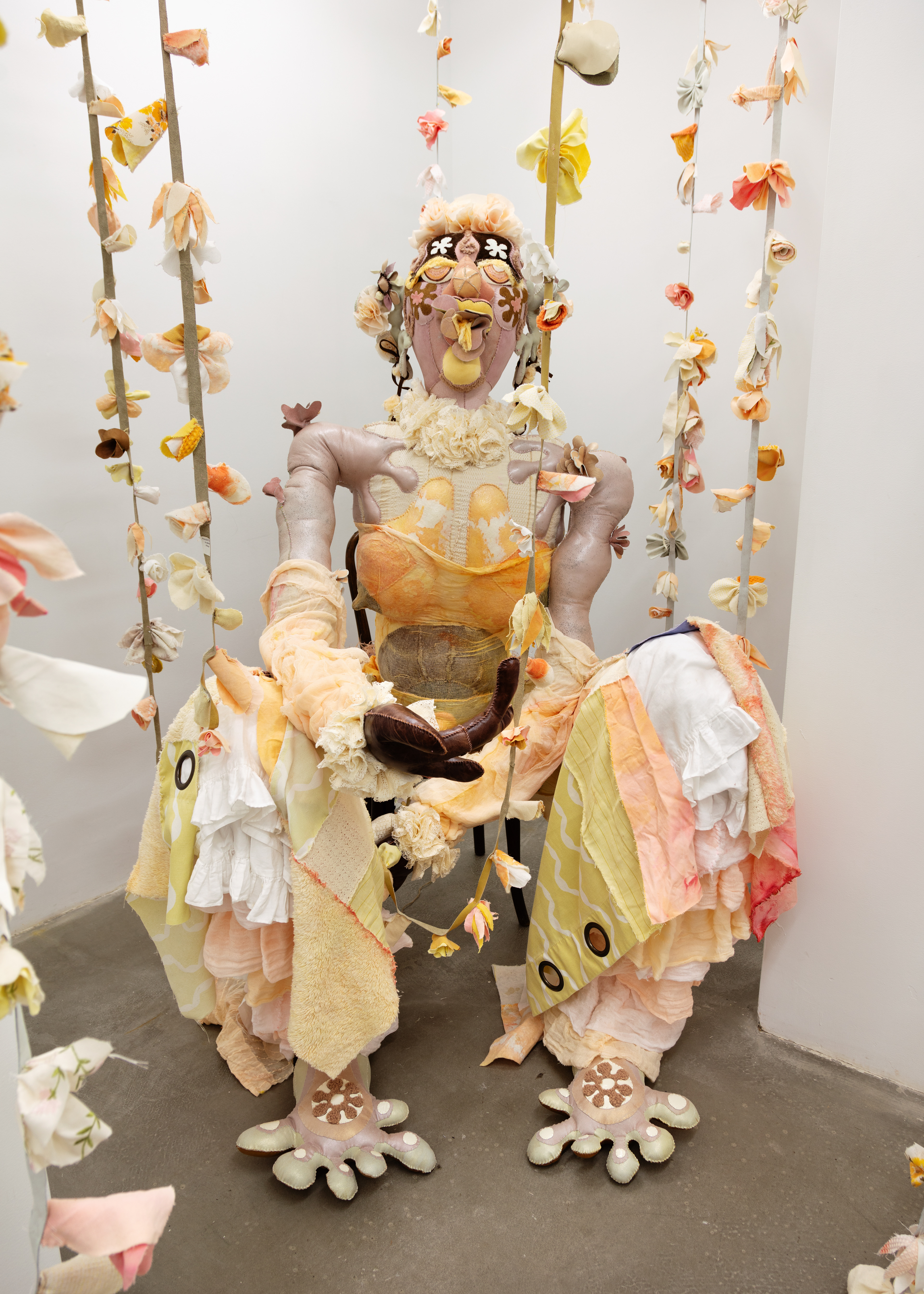 Delight, 2020. Various recycled and hand dyed fabrics, recycled leather, cotton and recycled polyester batting, acrylic paint, PVA glue, seashells, stones, beads, pipe, wooden chair, hand sewn. 52 x 36 x 36 in (132.1 x 91.4 x 91.4 cm).