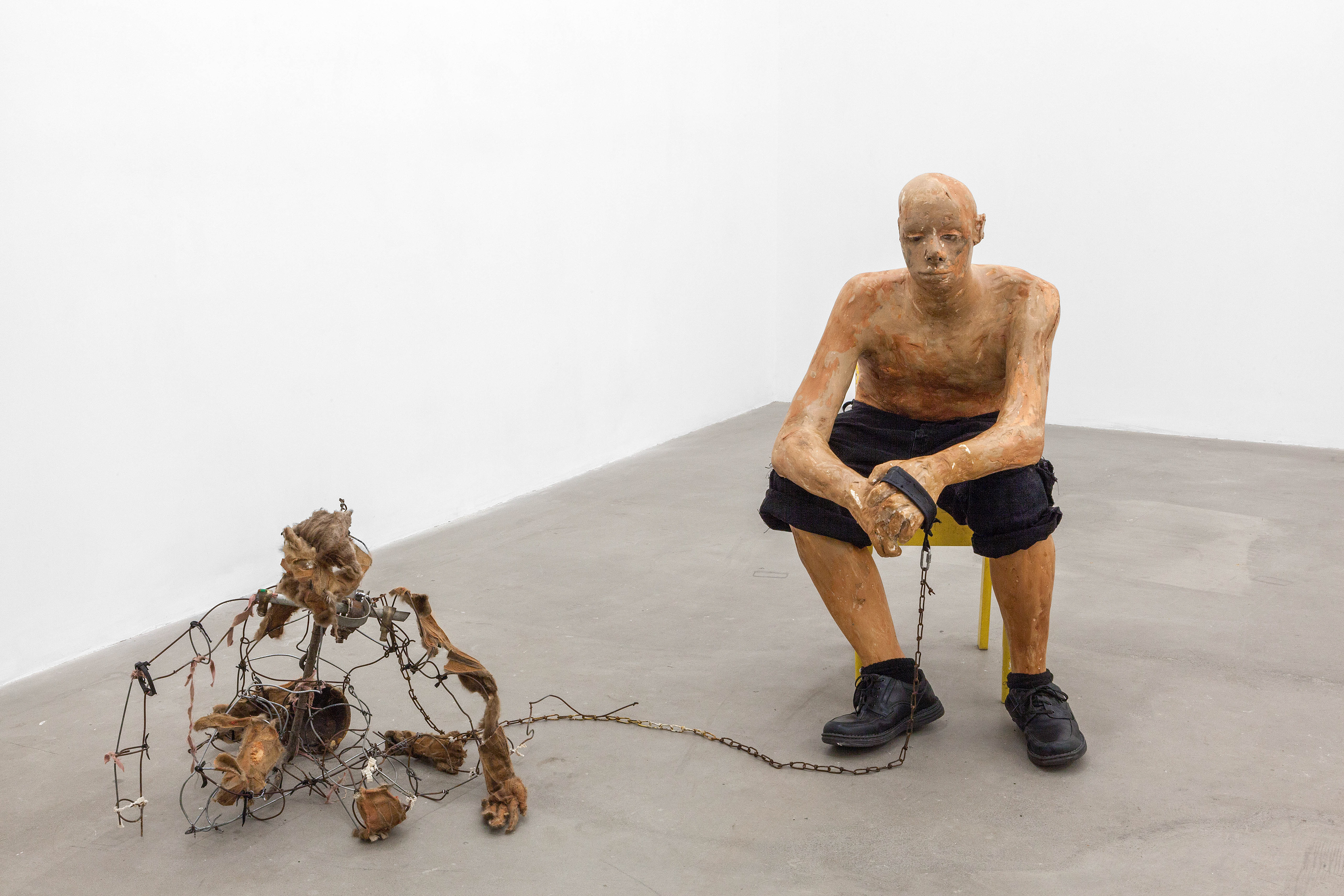 you lose shreds of your truth every time I remember you, 2017. Plaster, cloth wire, chain, acrylic paint, stones, secret objects, fur, leather, chair, pants, shoes. 46 x 73 x 47 in (116.8 x 185.4 x 119.4 cm).