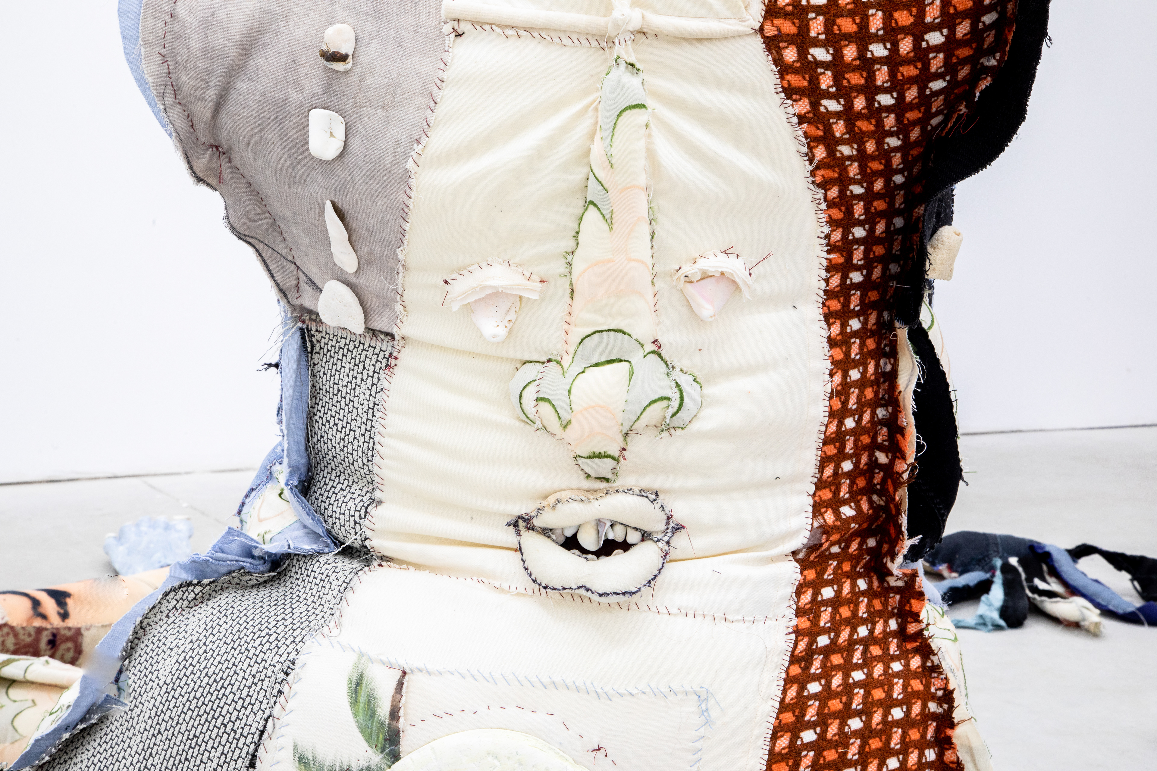 miracle of the deep sea, 2019. Denim, fabric, plaster, seashells. 180 x 230 in (457.2 x 584.2 cm).