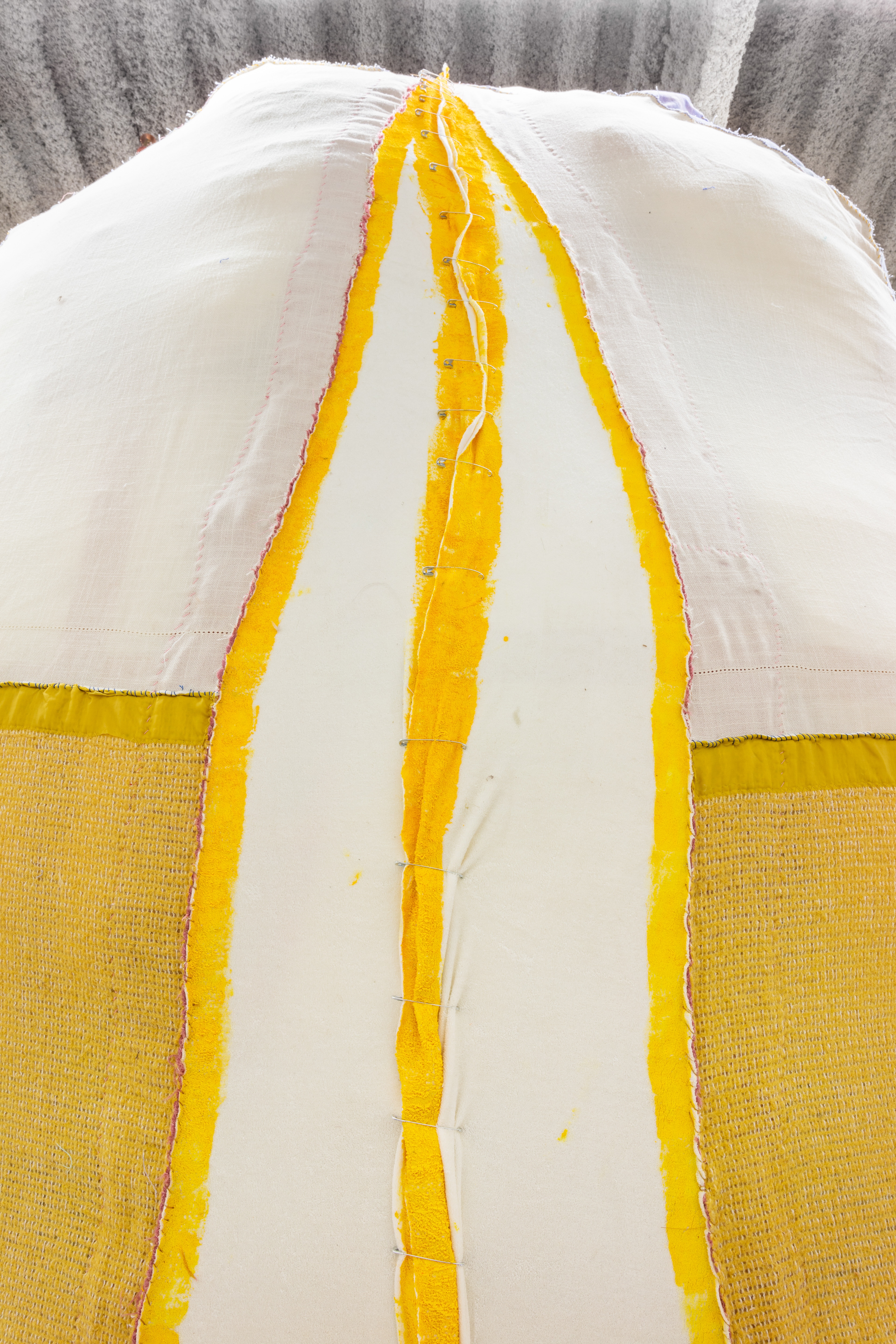 Opus (The Ovule), 2020. Various recycled and hand dyed fabrics, recycled leather, acrylic paint, recycled polyester batting, jute, metal frame, PVA glue, secret objects, safety pins, metal hooks, wire. Dimensions variable, overall: 122 x 88 x 252 in (309.9 x 223.5 x 640.1 cm).