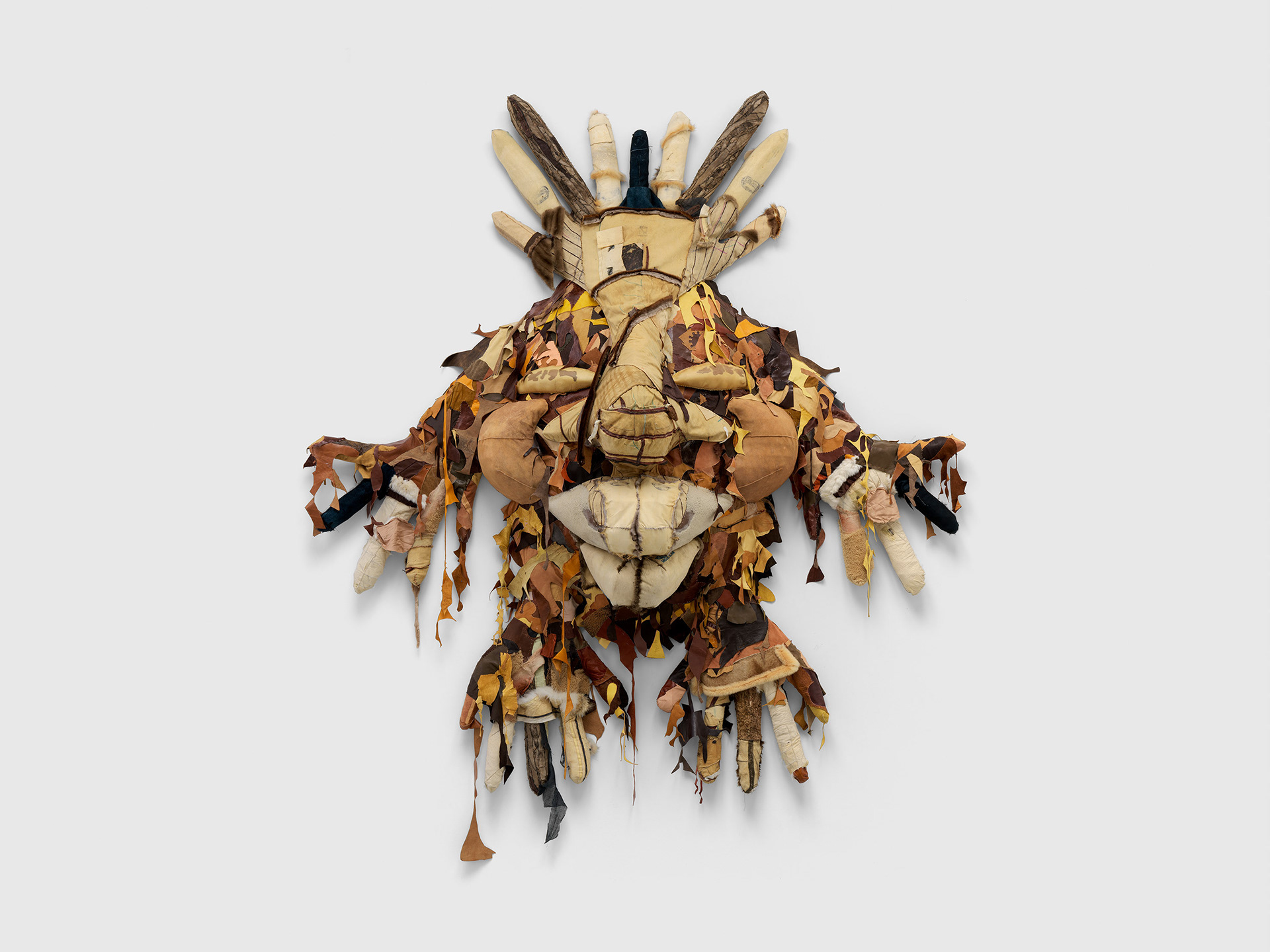Mater Dei, 2022, Steel, enamel paint, repurposed leather, fur, shearling, suede, tortoise shell, rawhide, organic cotton twill, and coated nylon thread, 134 x 113 3/8 x 31 inches