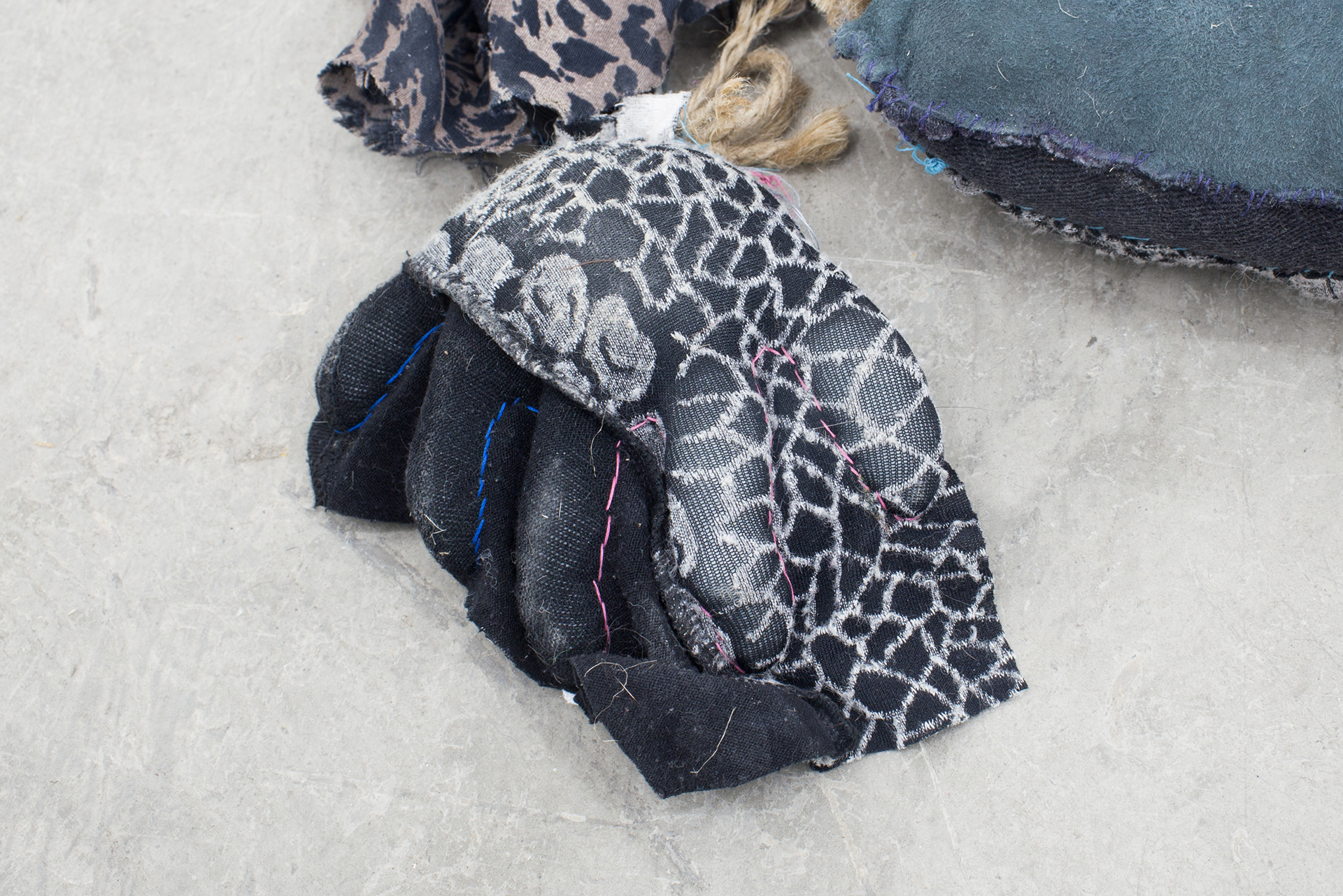 Seashell, 2018. Hand sewn fabrics, furs and leathers, hand carved plaster, acrylic paint, wire, stones, jute, hardware, sea shells, sea stones. 25 x 16 x 20 in (63.5 x 40.6 x 50.8 cm).