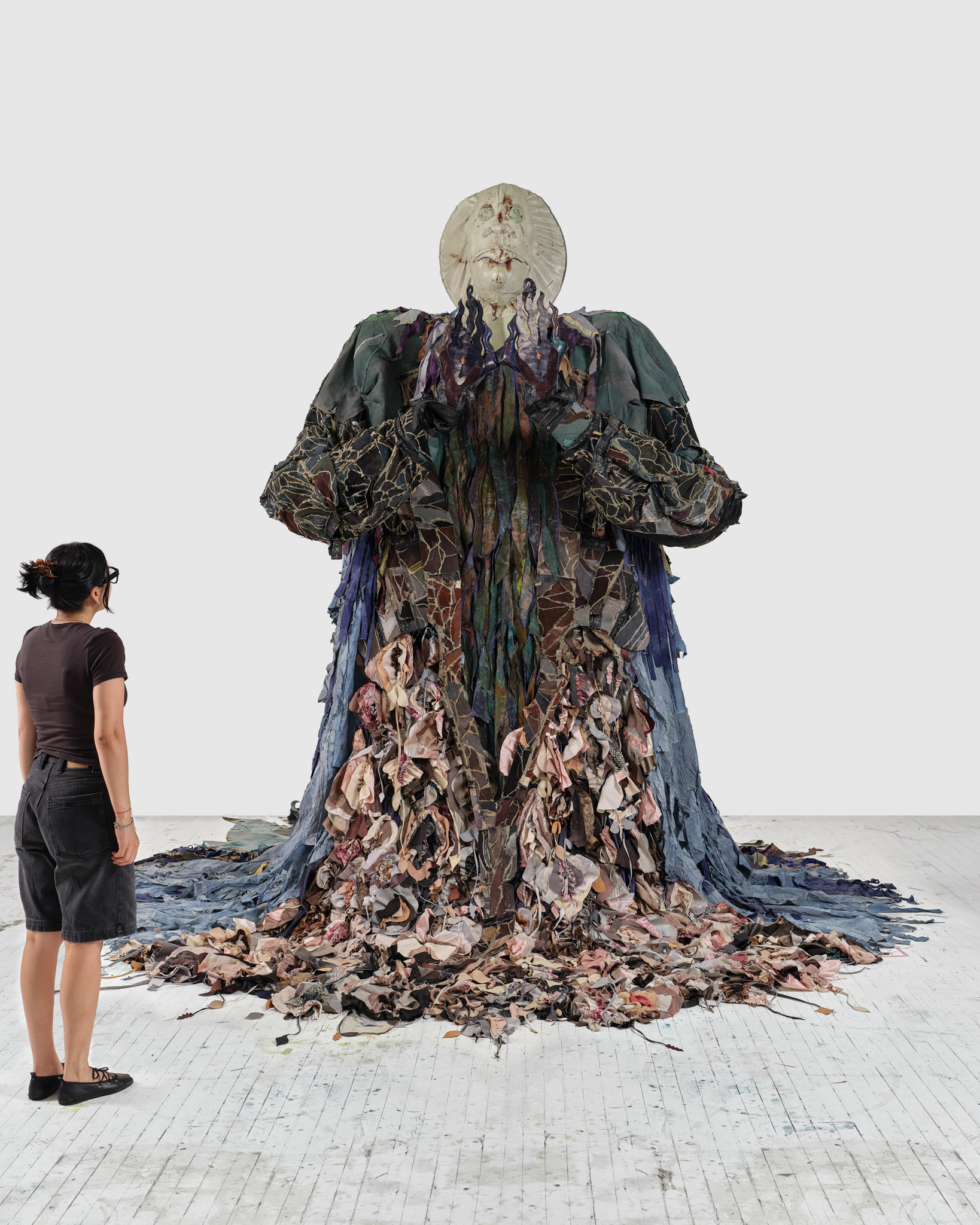 The Doula, 2024, Steel; enamel paint; acrylic paint and finisher; repurposed leather, suede, and assorted fabric; leather, fabric, and natural dyes; seashells; coated nylon thread; and coated cotton thread, 131H x 130 x 228 inches