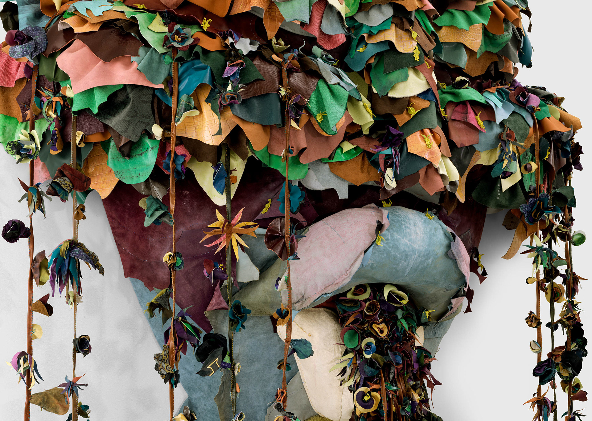 (detail) Saint Mozelle in the Aphid Orgy, 2023, Steel, enamel paint, acrylic paint and finisher, repurposed leather and suede, organic cotton twill, and coated nylon thread, 127 x 91 1/2 x 109 1/8 inches