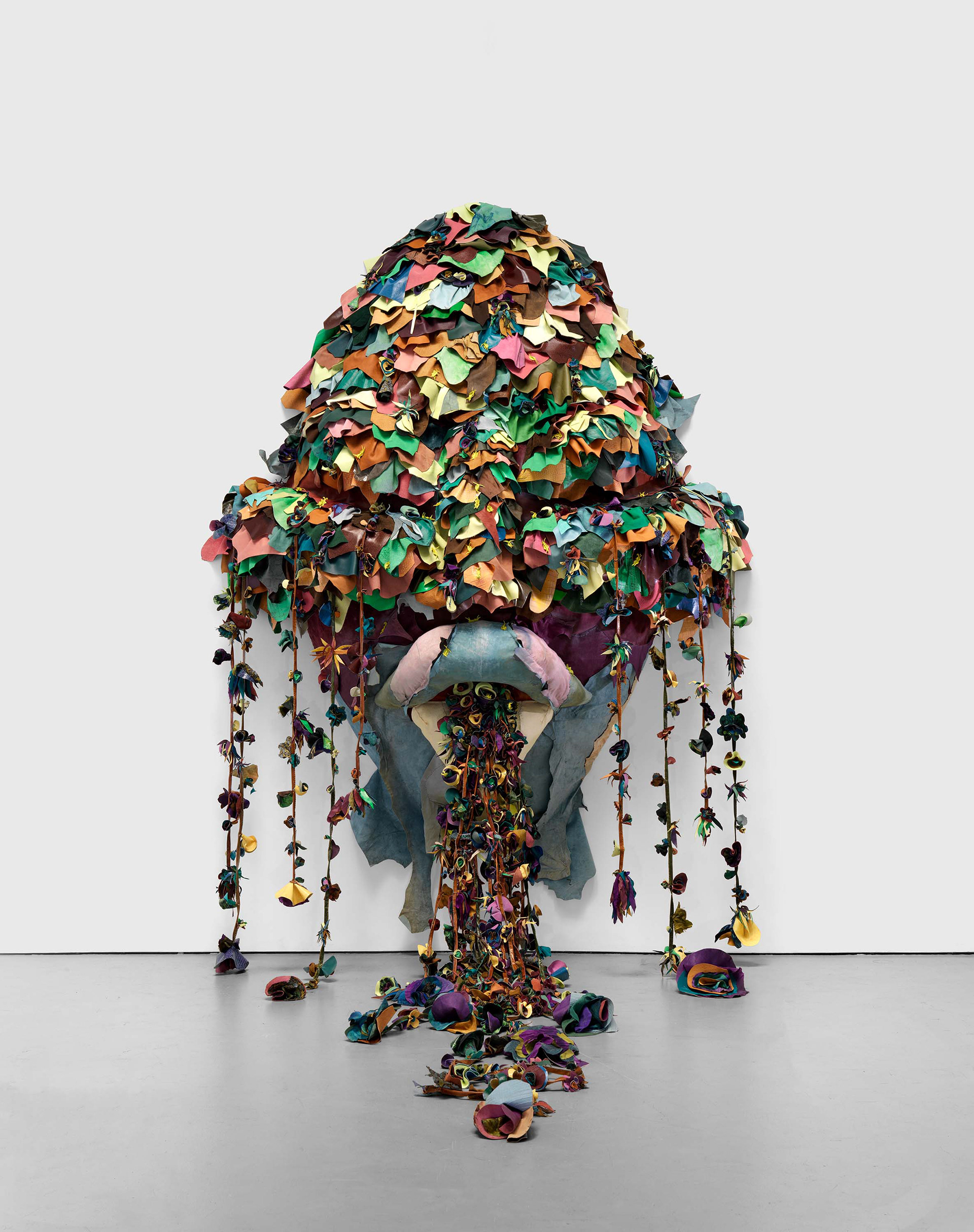Saint Mozelle in the Aphid Orgy, 2023, Steel, enamel paint, acrylic paint and finisher, repurposed leather and suede, organic cotton twill, and coated nylon thread, 127 x 91 1/2 x 109 1/8 inches
