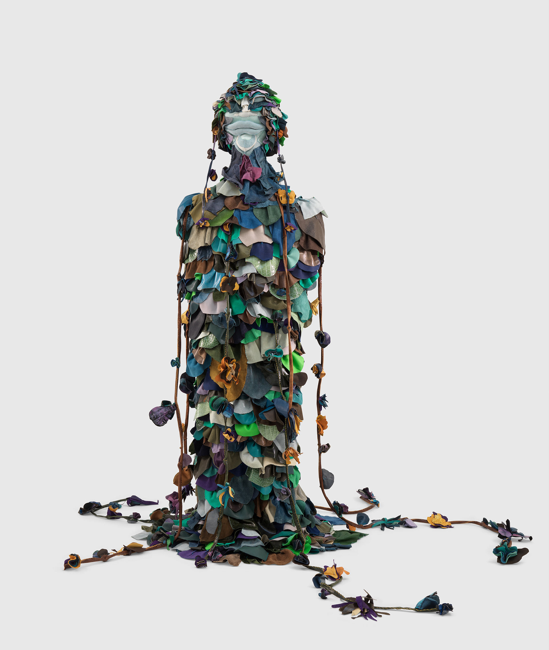 Saint Mozelle, 2022, Steel, enamel paint, acrylic paint and finisher, repurposed leather and suede, organic cotton twill, and coated nylon thread, 75 1/2 x 77 x 67 inches