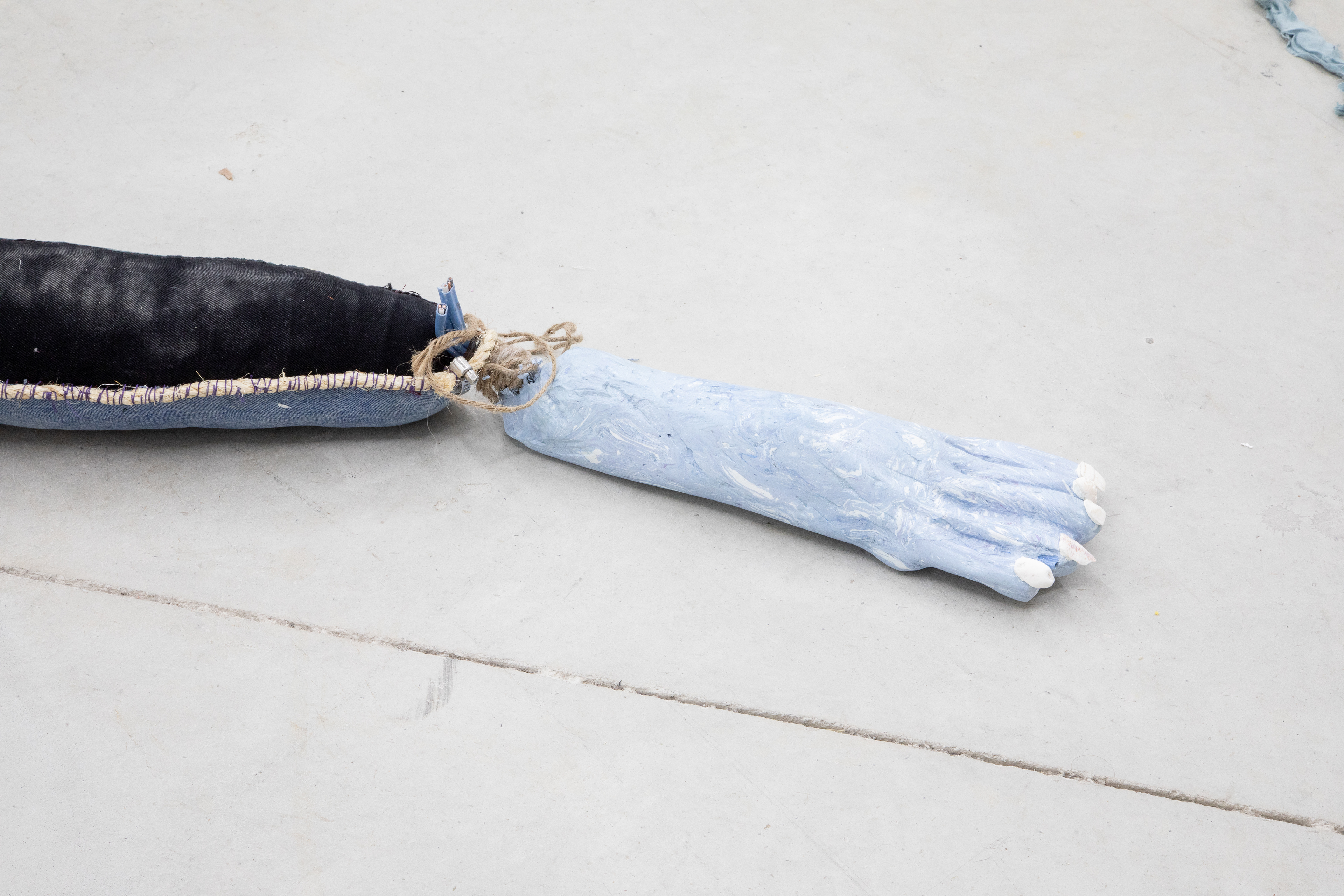 miracle of the deep sea, 2019. Denim, fabric, plaster, seashells. 180 x 230 in (457.2 x 584.2 cm).