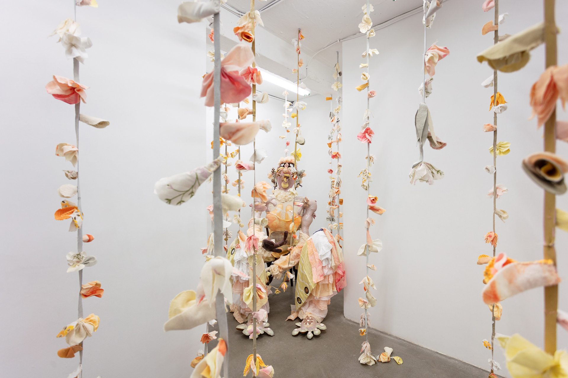 Delight, 2020. Various recycled and hand dyed fabrics, recycled leather, cotton and recycled polyester batting, acrylic paint, PVA glue, seashells, stones, beads, pipe, wooden chair, hand sewn. 52 x 36 x 36 in (132.1 x 91.4 x 91.4 cm).