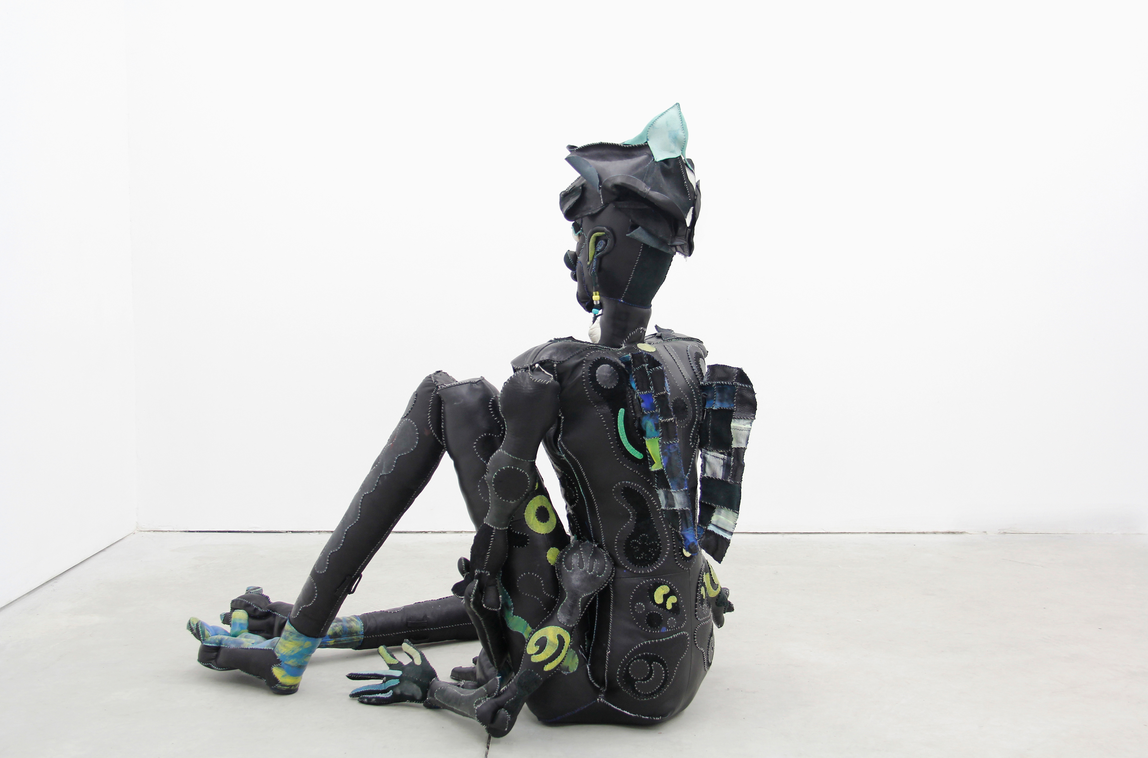 Hopper, 2020. Repurposed leather, acrylic paint, stones, seashells, beads, wood, wire, recycled poly fibres. 38 x 30 x 30 in (84 x 104 x 63 cm).