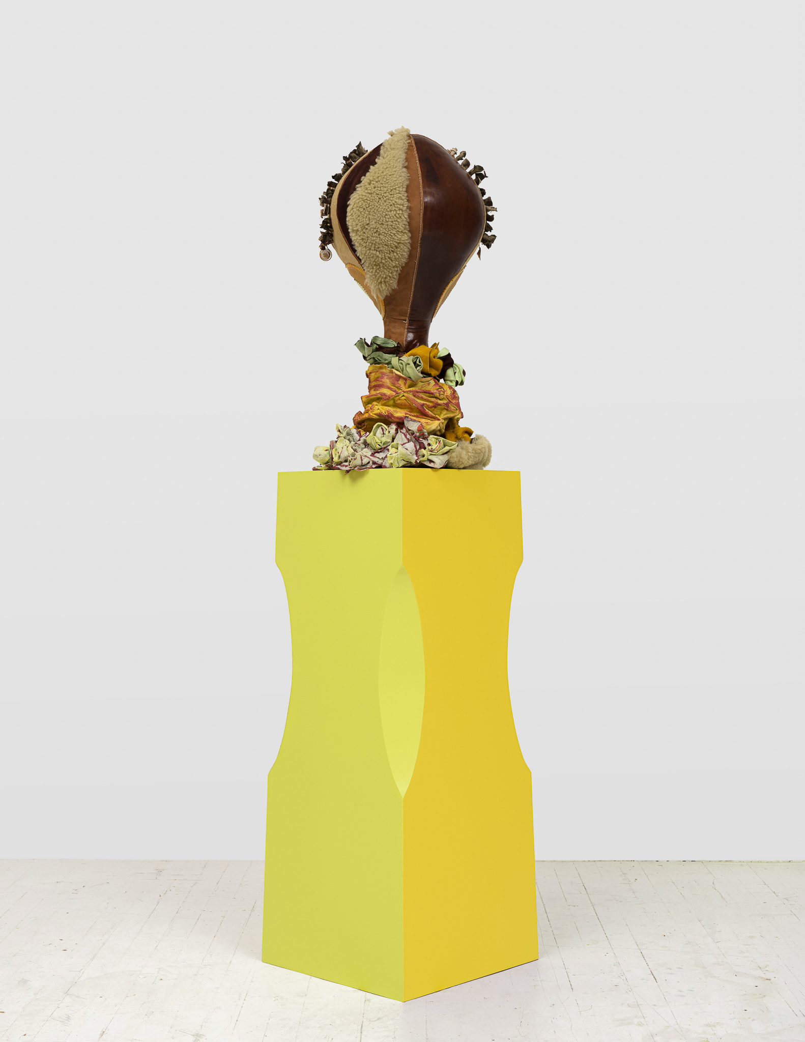 Mercurial Virgin, 2023, Steel, wood, enamel paint, acrylic paint, leather dye and finisher, repurposed leather and suede, stones, ox bone beads and assorted found beads, twine, and coated nylon thread, 65 1/2H x 16 x 16 inches
