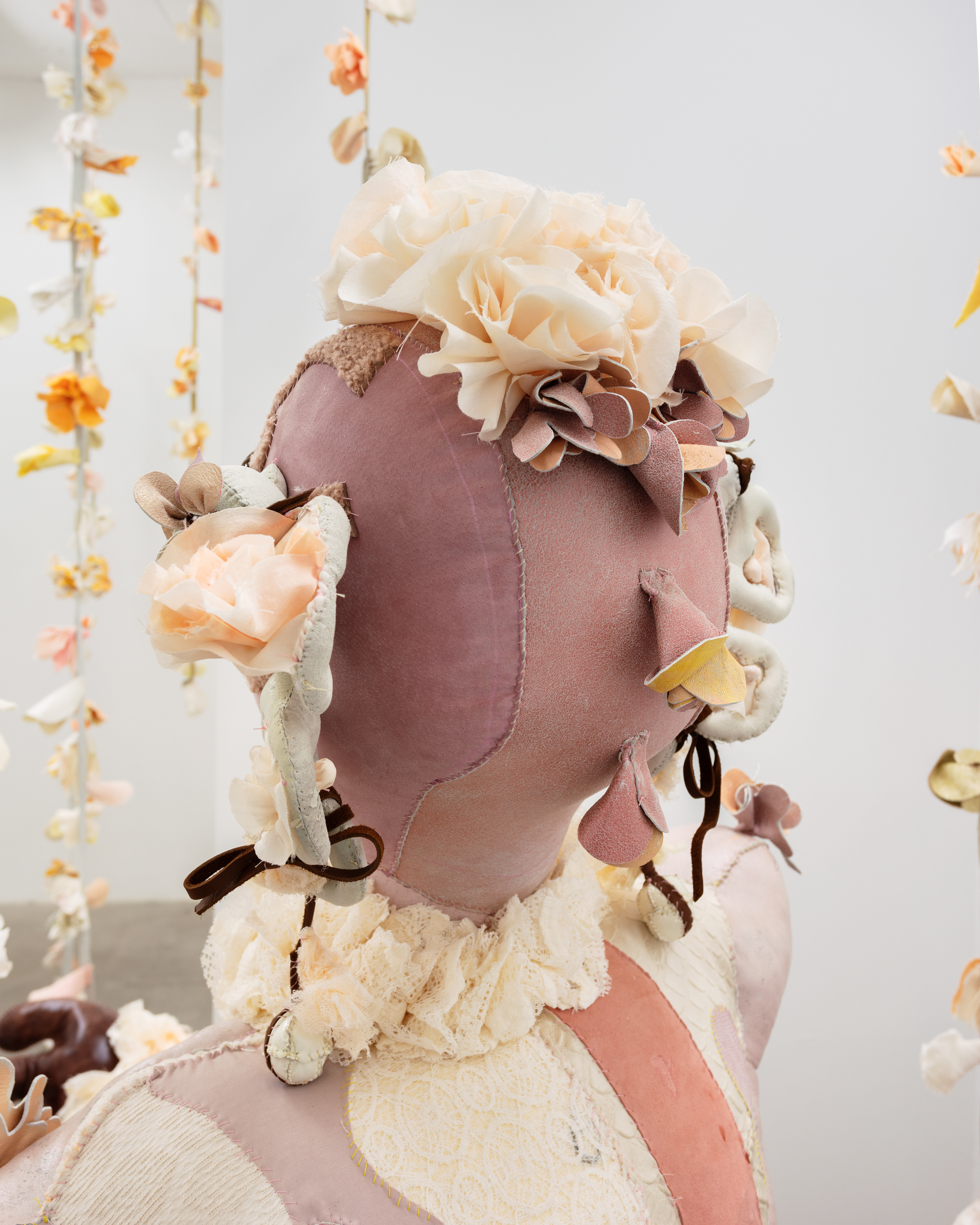 Delight, 2020. Various recycled and hand dyed fabrics, recycled leather, cotton and recycled polyester batting, acrylic paint, PVA glue, seashells, stones, beads, pipe, wooden chair, hand sewn. 52 x 36 x 36 in (132.1 x 91.4 x 91.4 cm).