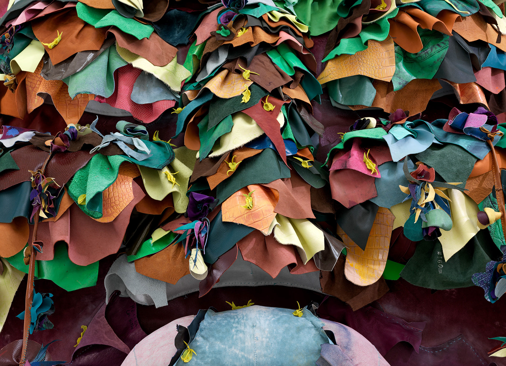 (detail) Saint Mozelle in the Aphid Orgy, 2023, Steel, enamel paint, acrylic paint and finisher, repurposed leather and suede, organic cotton twill, and coated nylon thread, 127 x 91 1/2 x 109 1/8 inches