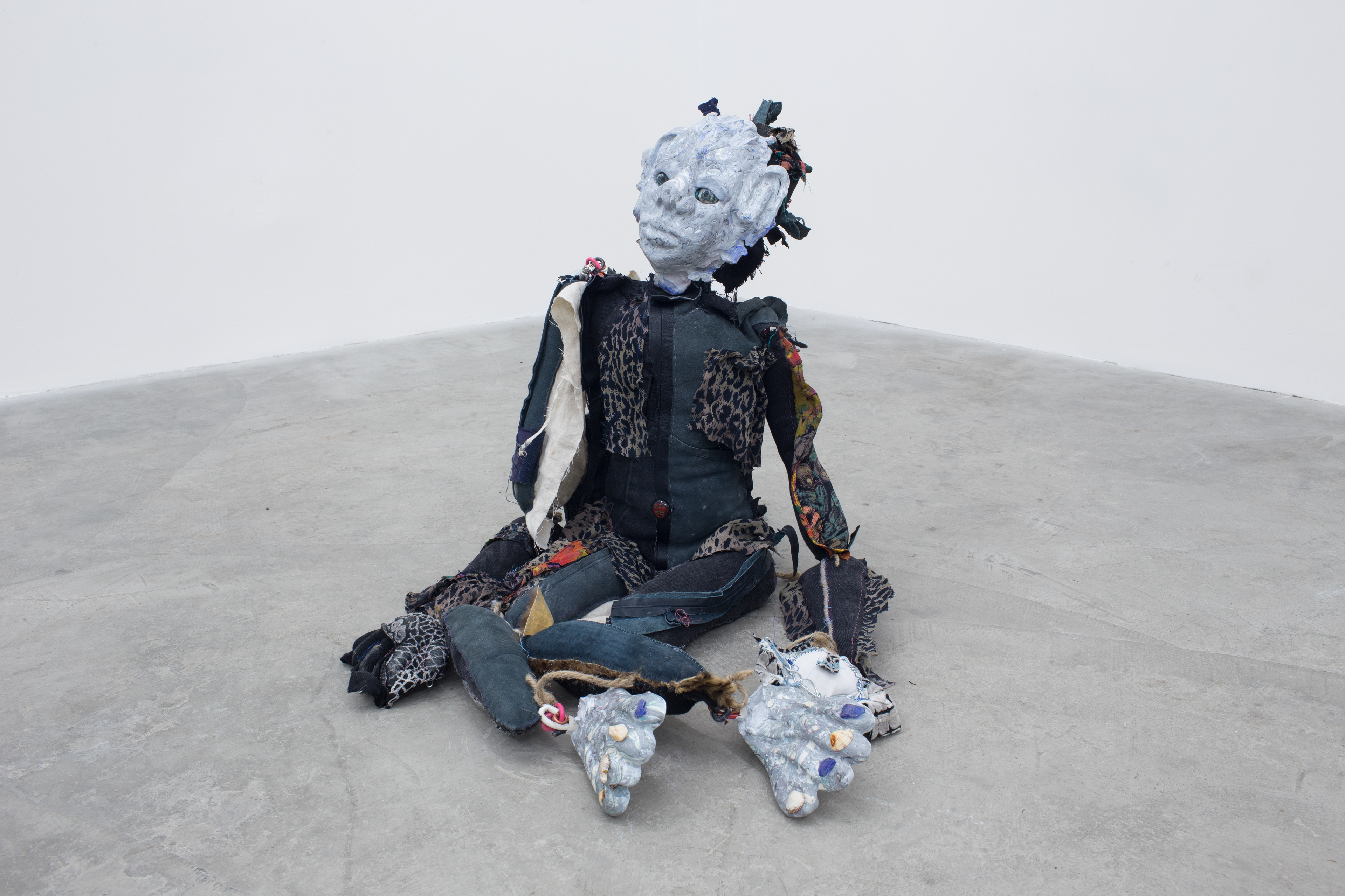 Seashell, 2018. Hand sewn fabrics, furs and leathers, hand carved plaster, acrylic paint, wire, stones, jute, hardware, sea shells, sea stones. 25 x 16 x 20 in (63.5 x 40.6 x 50.8 cm).