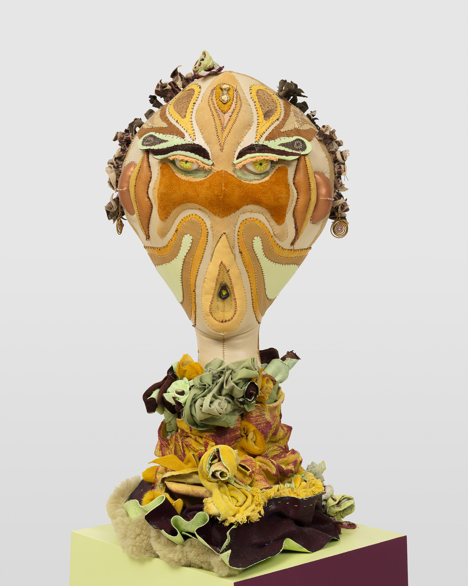 (detail) Mercurial Virgin, 2023, Steel, wood, enamel paint, acrylic paint, leather dye and finisher, repurposed leather and suede, stones, ox bone beads and assorted found beads, twine, and coated nylon thread, 65 1/2H x 16 x 16 inches