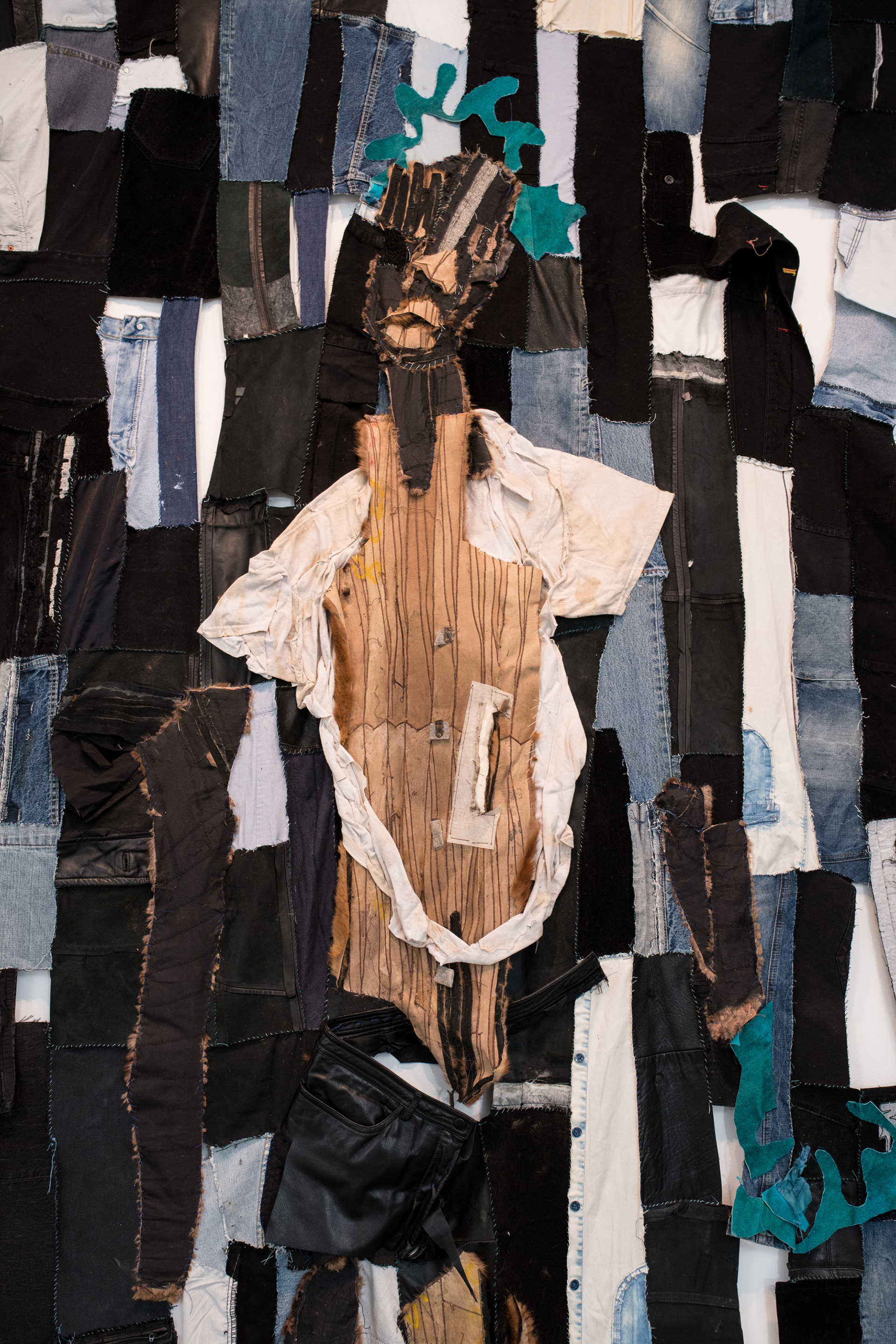 water flooded out of my heart pocket, 2019. Recycled fabrics, furs, leathers.