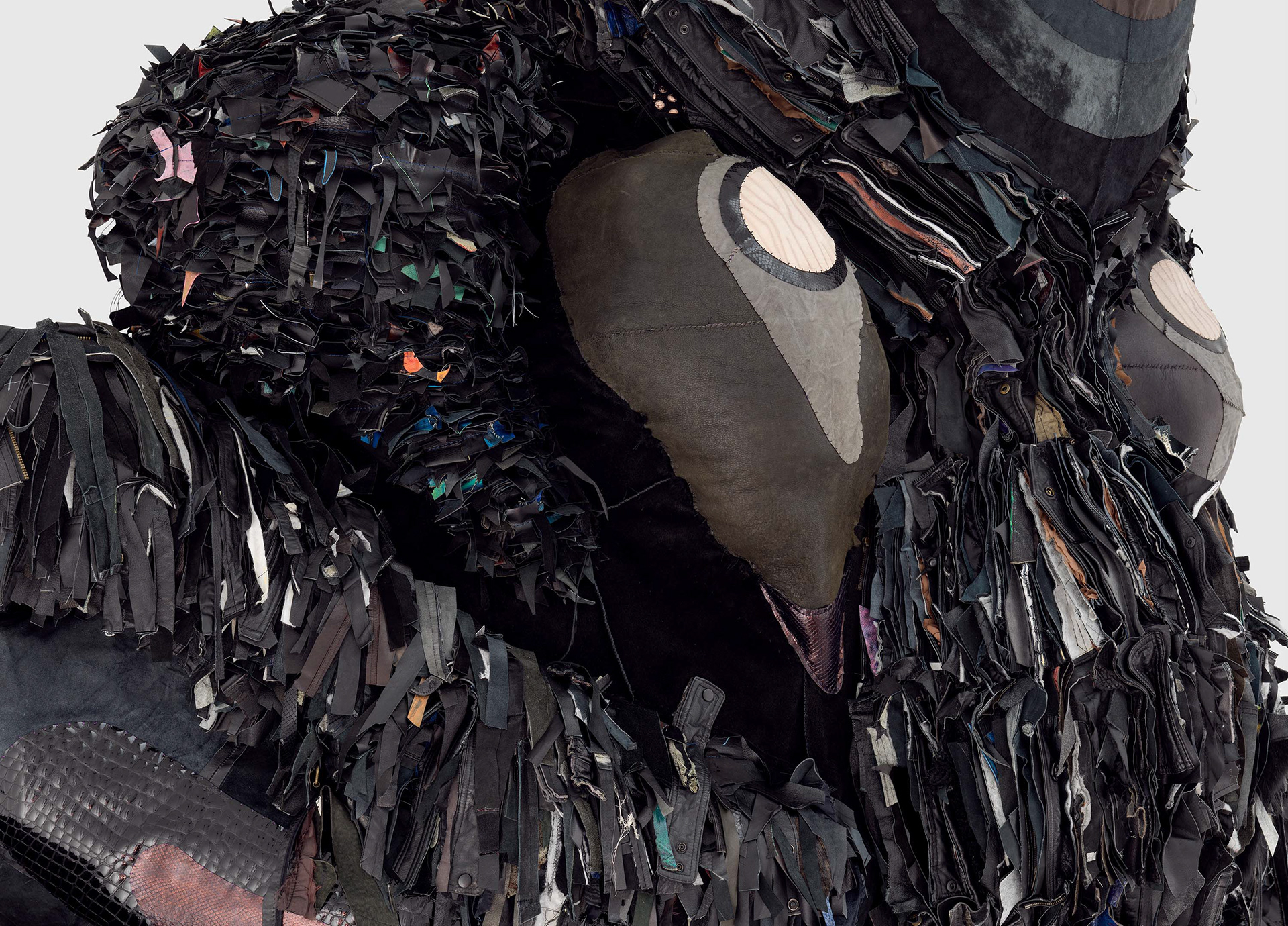 (detail) Trident, 2022, Steel, enamel paint, acrylic paint and finisher, repurposed leather, shearling, shagreen, fur, suede, snake skin, organic cotton twill, and coated nylon thread, 159 x 135 1/4 x 37 3/4 inches (403.9 x 343.5 x 95.9 cm)
