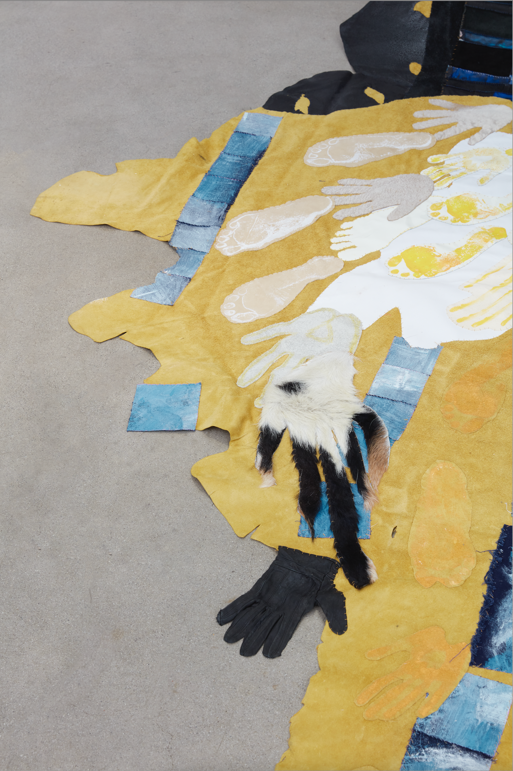 Ascension of the Holy Vessel (Be Not Afraid), 2020. Recycled leathers and fabrics, acrylic paint, rawhide, found photographs, found objects, bone, seashells, stones. 16 x 108 in (548.6 x 274.3 cm).