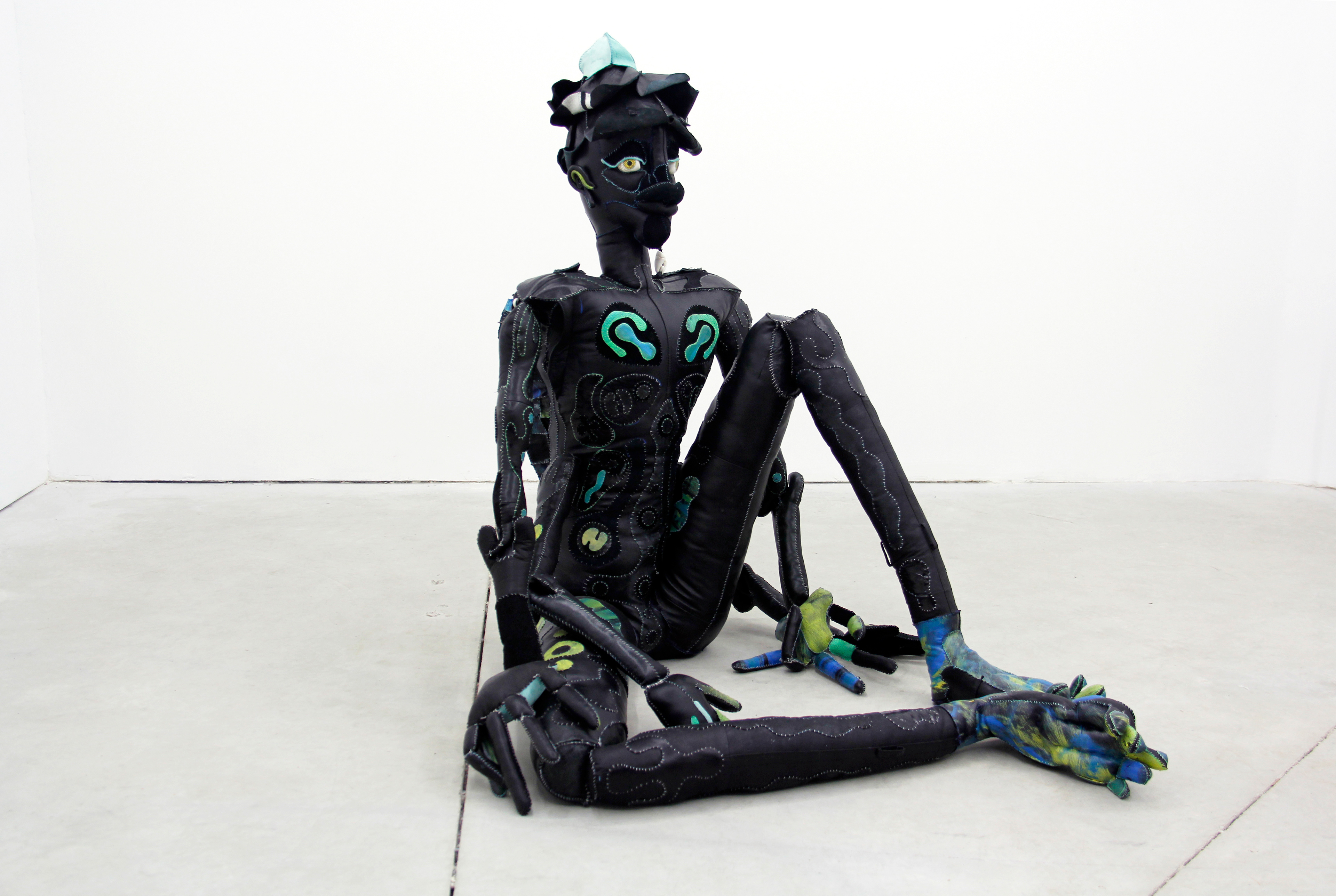 Hopper, 2020. Repurposed leather, acrylic paint, stones, seashells, beads, wood, wire, recycled poly fibres. 38 x 30 x 30 in (84 x 104 x 63 cm).