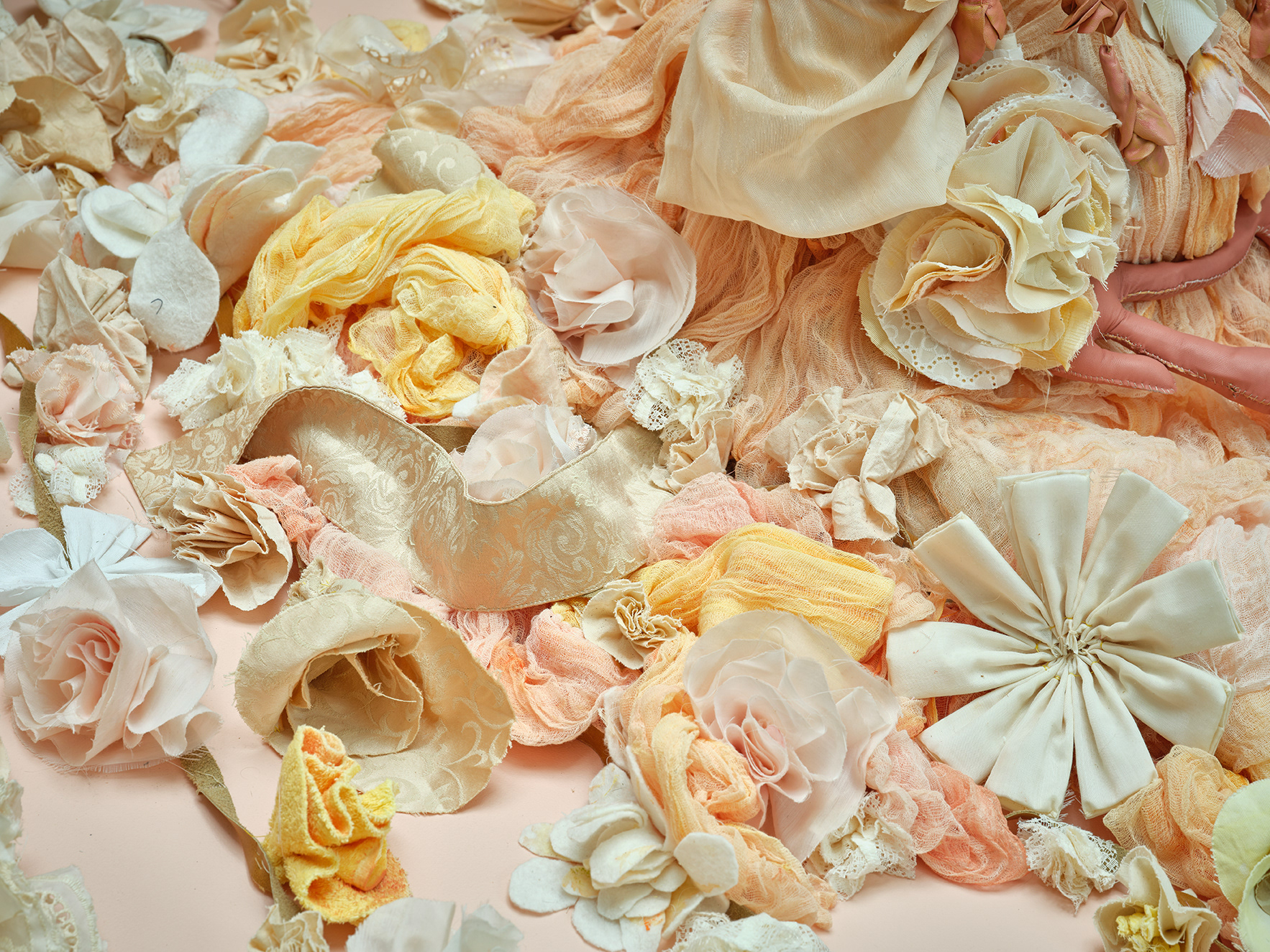 Lewis, Tau. Symphony, 2020–21. Various recycled and hand-dyed fabrics, recycled leather, cotton batting, beads, acrylic paint, PVA glue, metal hoop skirt, pipe, seashells and wire. Dimensions variable.